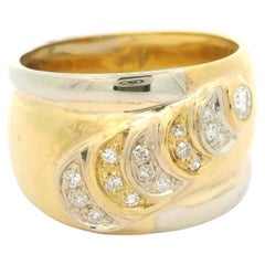 18k Tow Tone Diamond Scalloped Design 14.1mm Wide Bombe Domed Cigar Band Ring