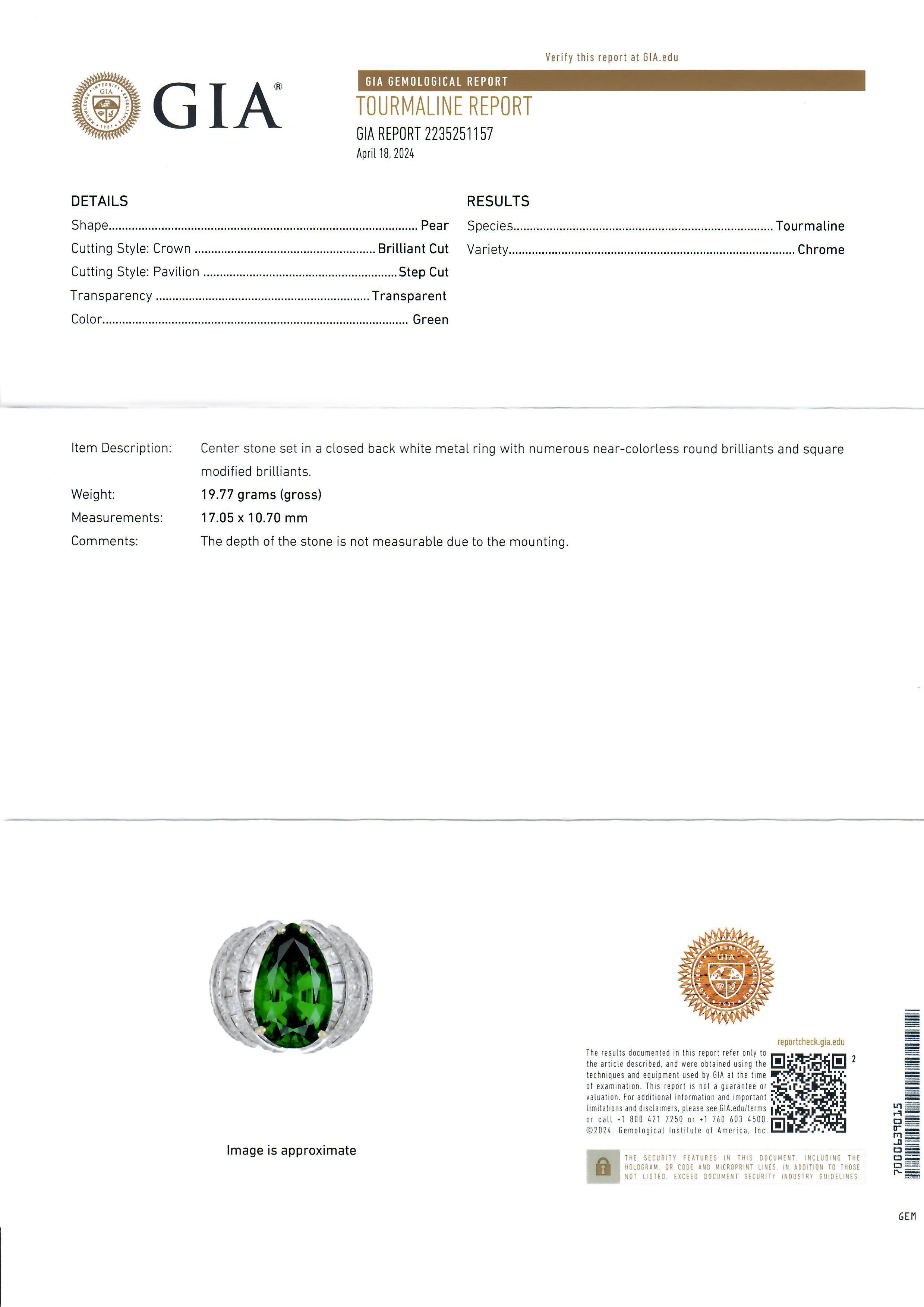 18k Tow Tone Gold 13.75ctw Gia Pear Chrome Tourmaline & Diamond Cocktail Ring For Sale 6
