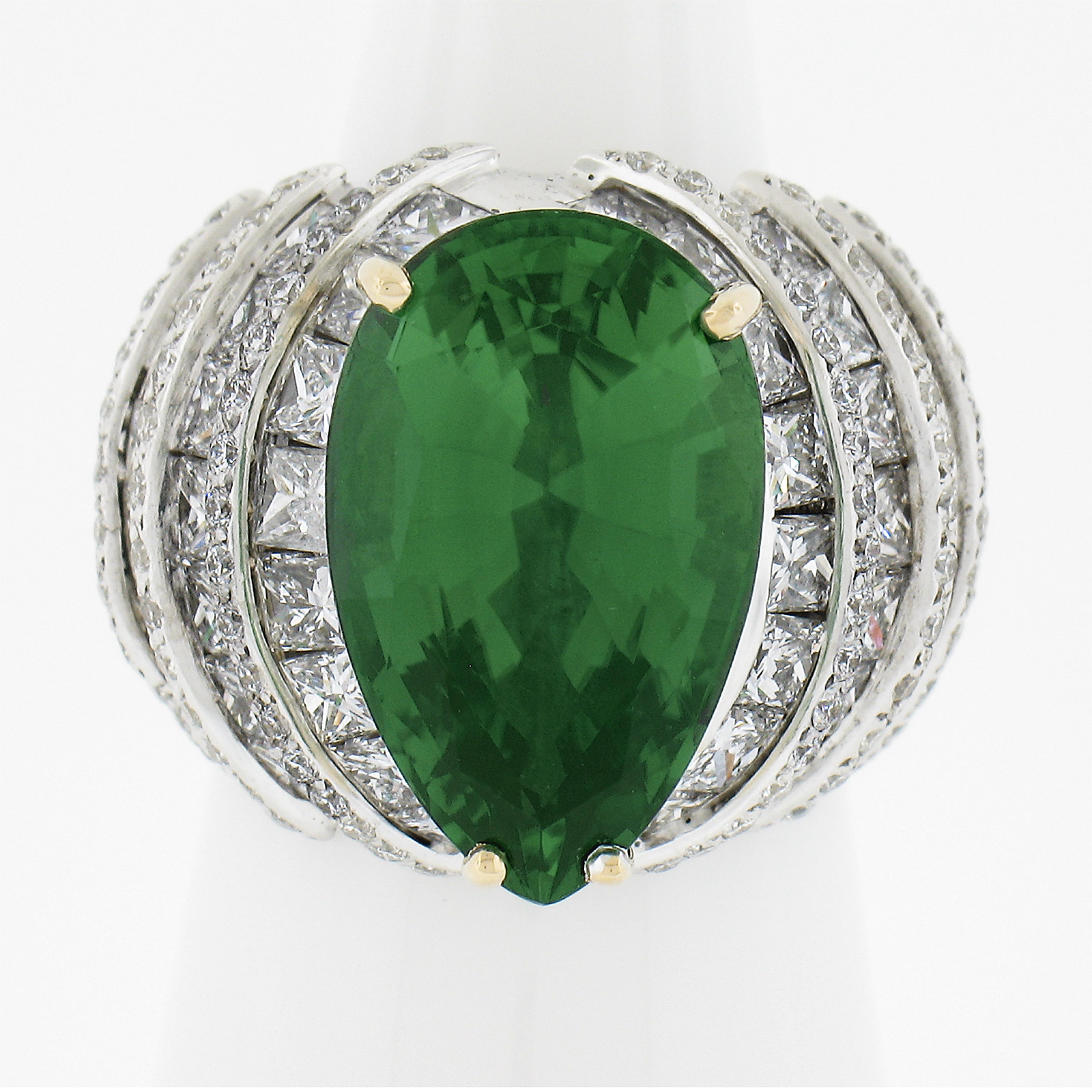 --Stones:--
1 Natural Genuine Chrome Tourmaline - Pear Cut - Prong Set - Vivid Green Color - 8.55 exact
** See Certification Details Below for Complete Info **
148 Natural Genuine Diamonds - 60 Princess & 88 Round Brilliant Cut - Channel & Pave Set