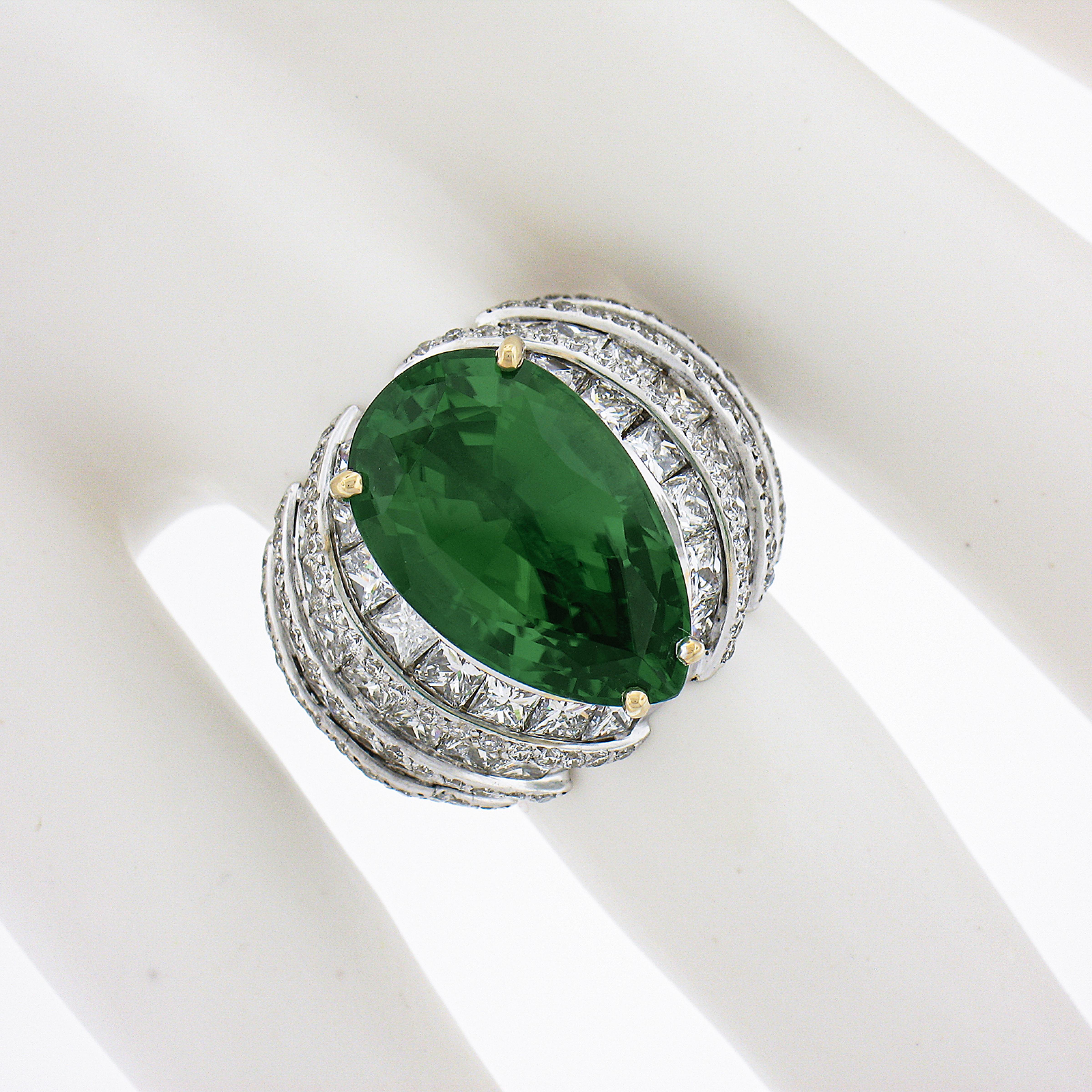 18k Tow Tone Gold 13.75ctw Gia Pear Chrome Tourmaline & Diamond Cocktail Ring In Excellent Condition For Sale In Montclair, NJ