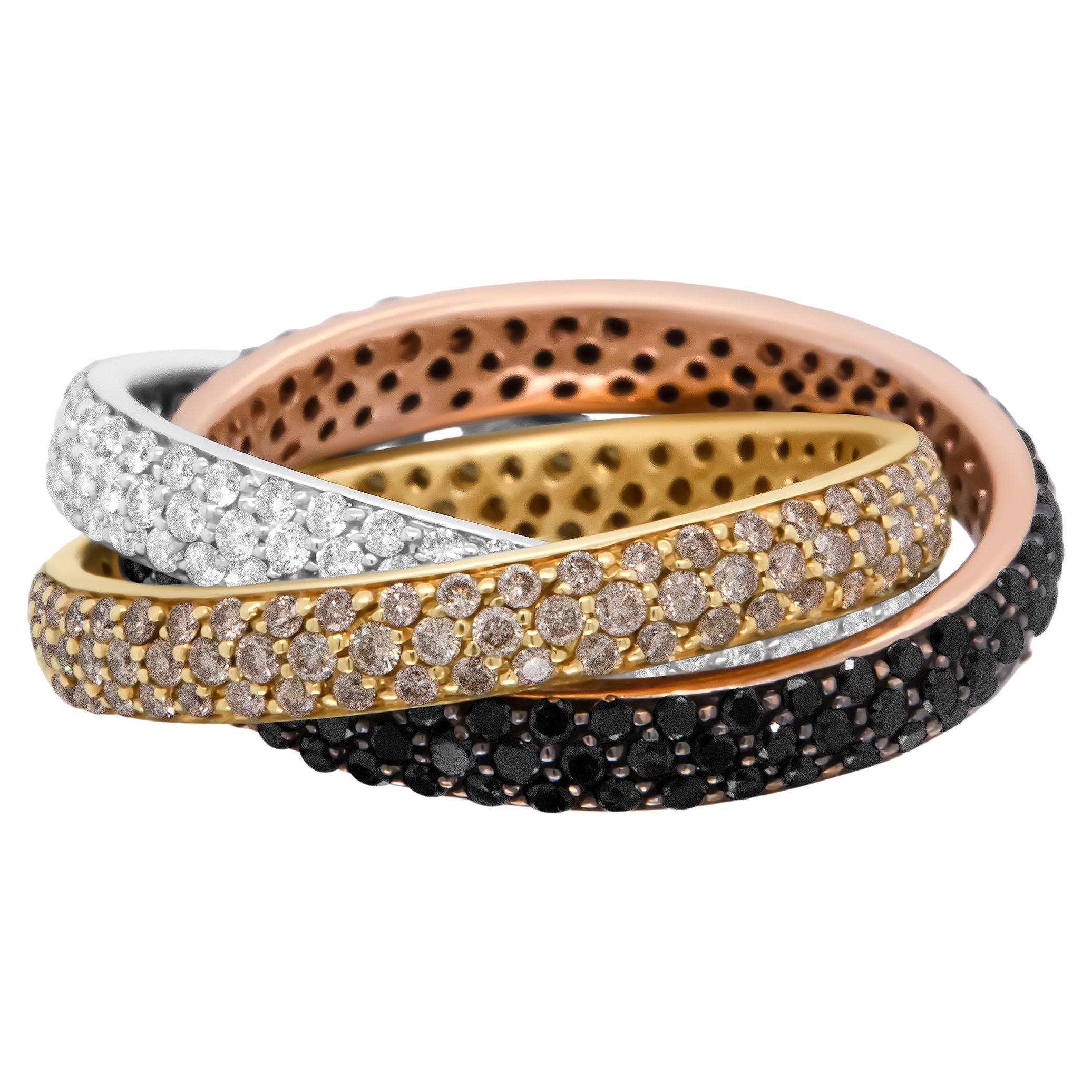 18k Tri-Color Gold 3 5/8 Carat Diamond Interlocking Stackable Band Ring Set For Sale