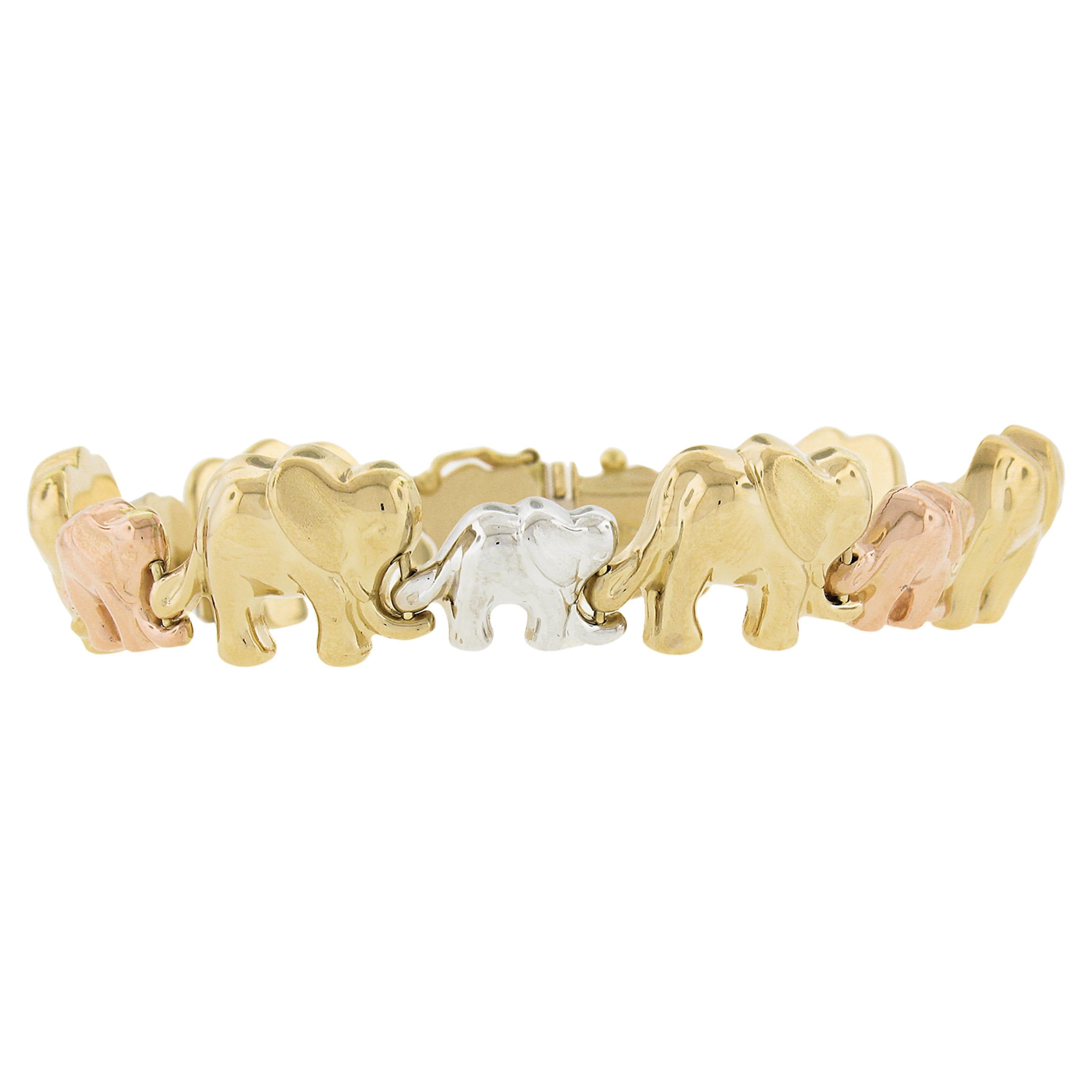 18k Tri Color Gold 7" Puffed Textured Large & Small Elephant Link Bracelet For Sale