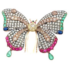 18K Tri Color Gold Butterfly Pin Brooch with Multi-Stone Design 9+ carat Diamond