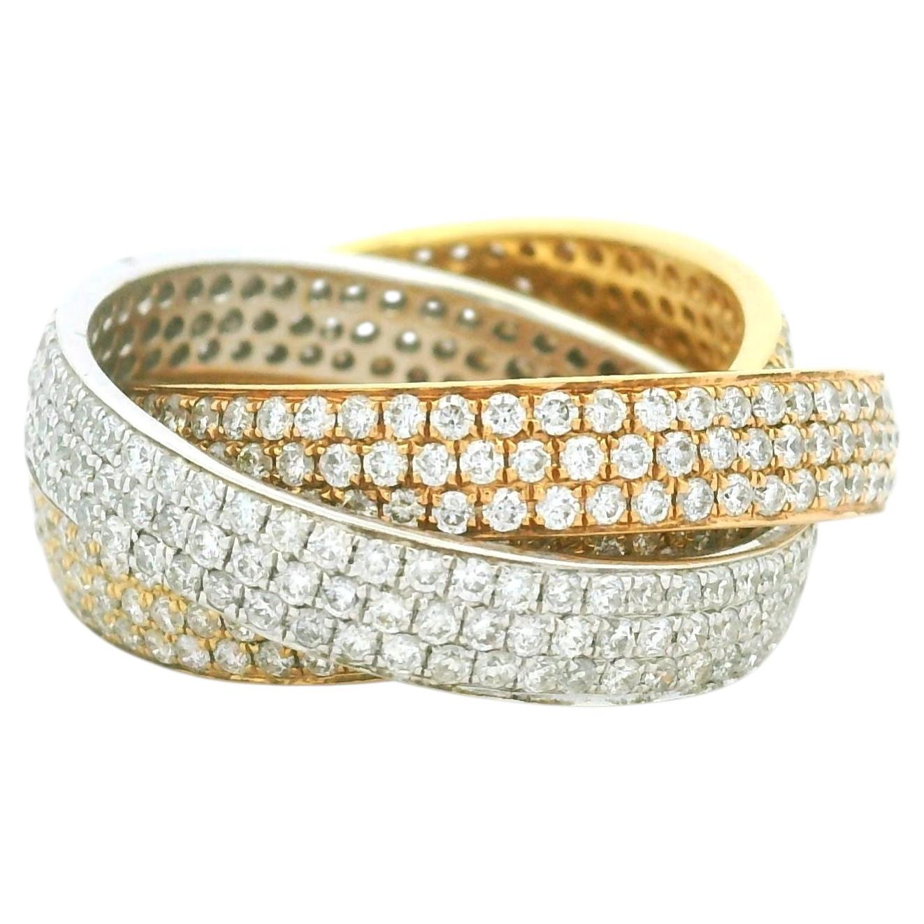 18K Tri-Color Gold Natural Diamond Pave 3-Band Rolling Ring In Stock