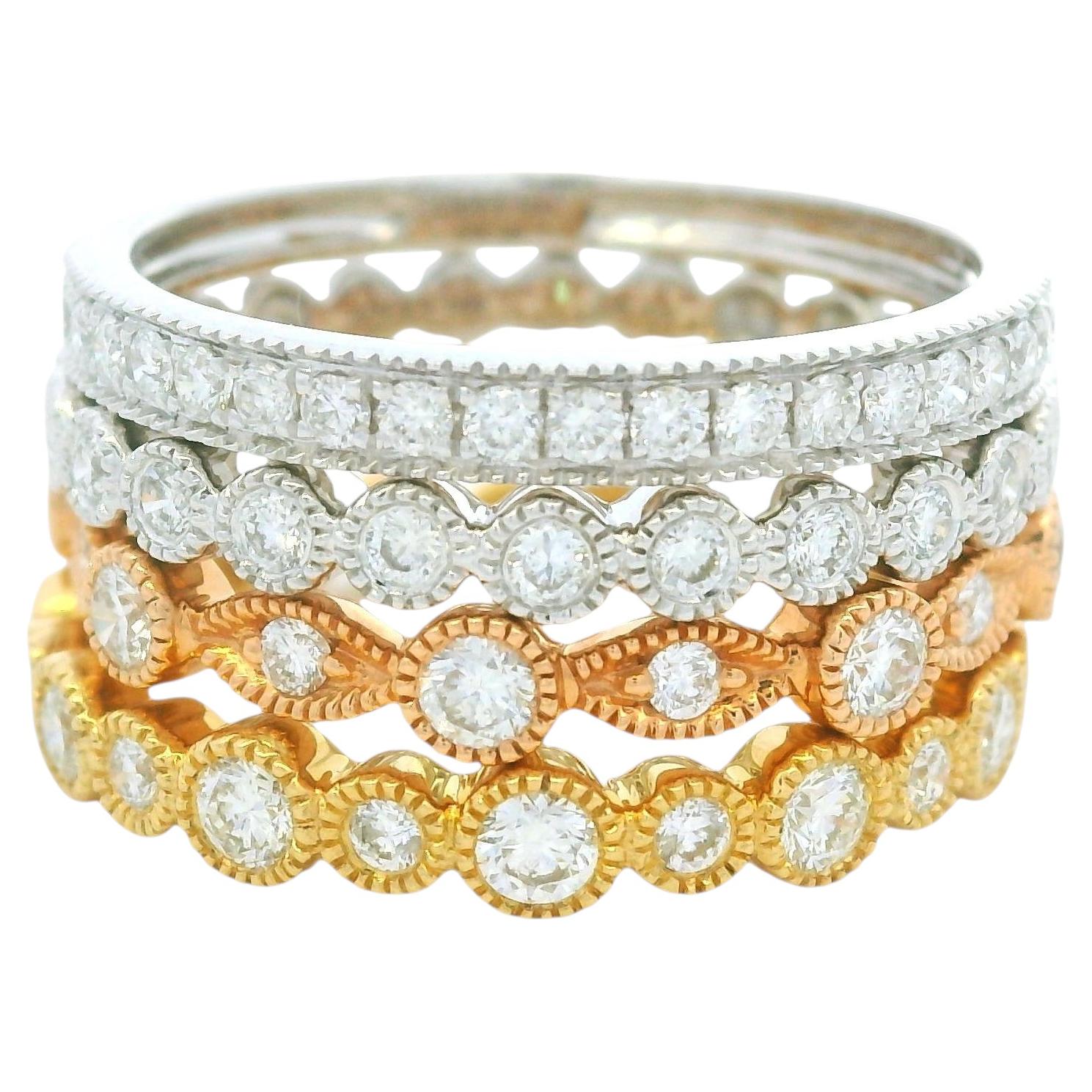 18K Tri-Color Gold Natural Diamond Set Of Four Half-Way Stackable Station Rings For Sale