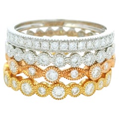 18K Tri-Color Gold Natural Diamond Set Of Four Half-Way Stackable Station Rings