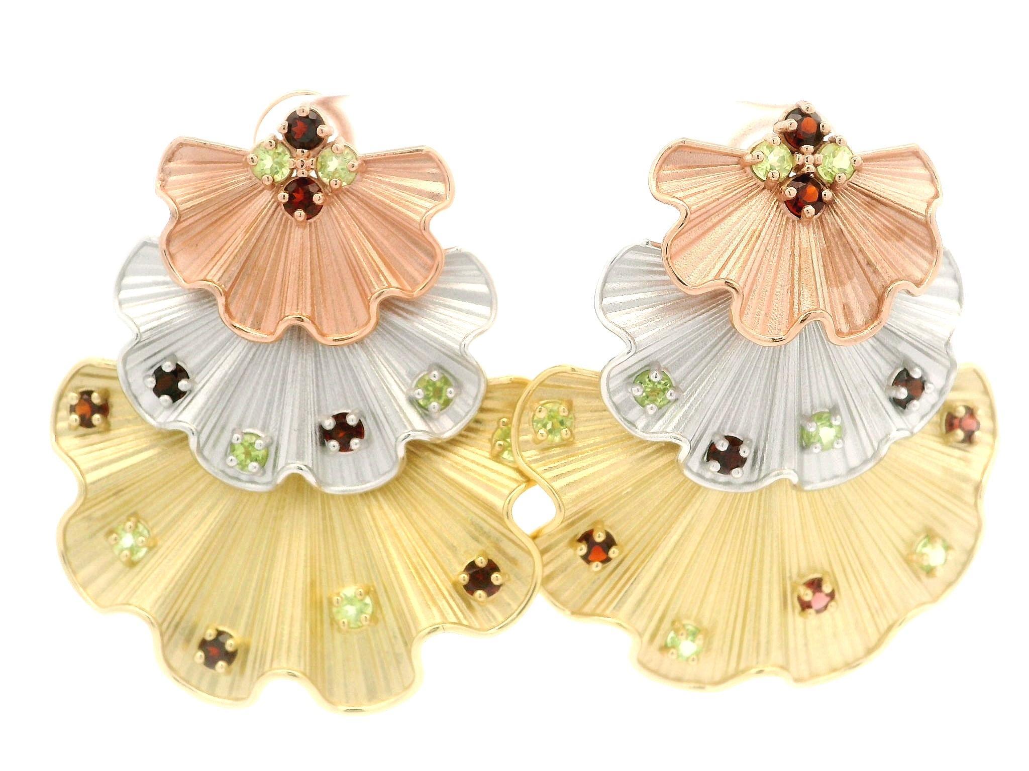 18k Tri Color Gold Red Green Natural Gemstones Textured Ruffled Flared Earrings For Sale 7