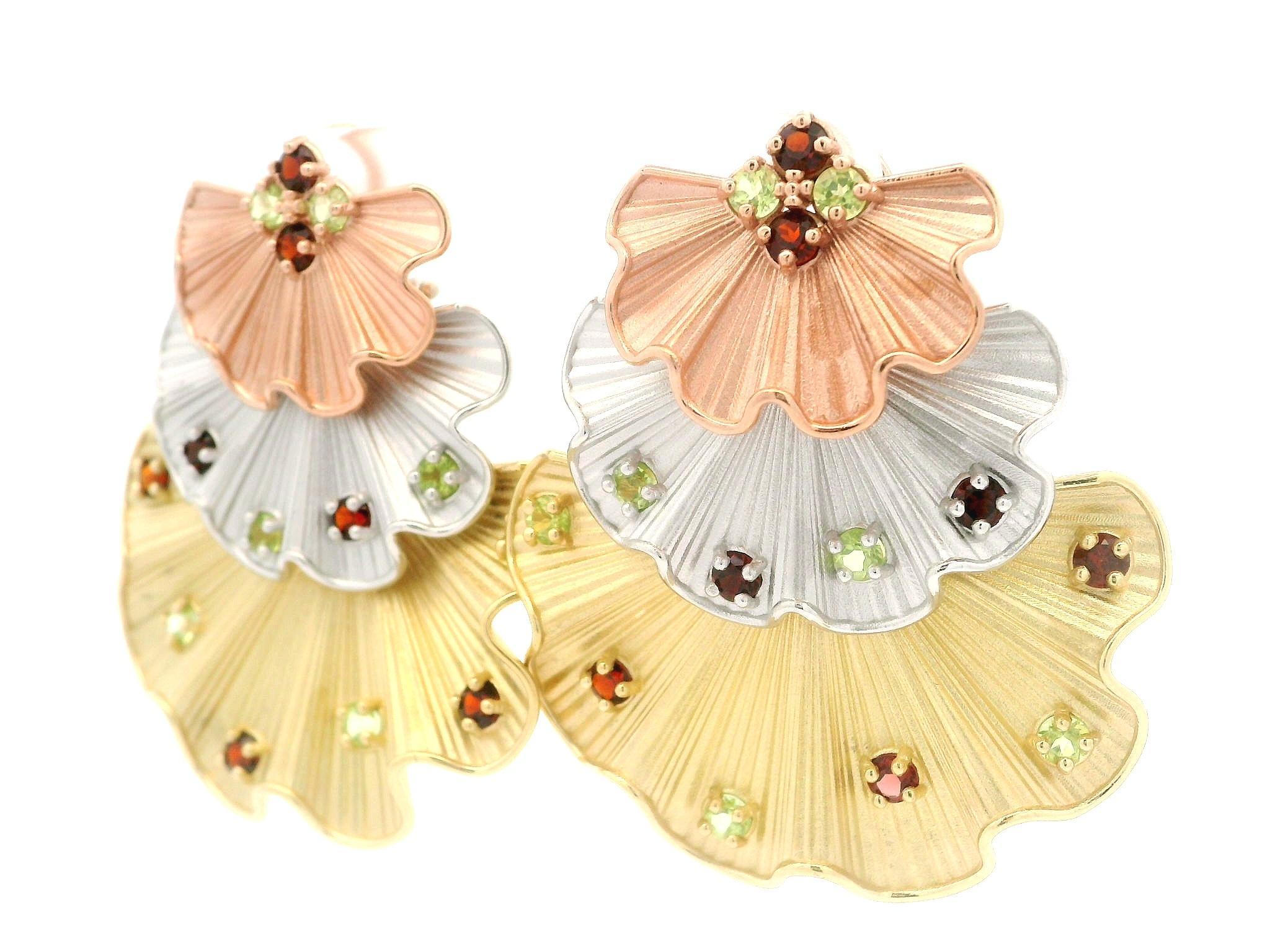 Women's 18k Tri Color Gold Red Green Natural Gemstones Textured Ruffled Flared Earrings For Sale