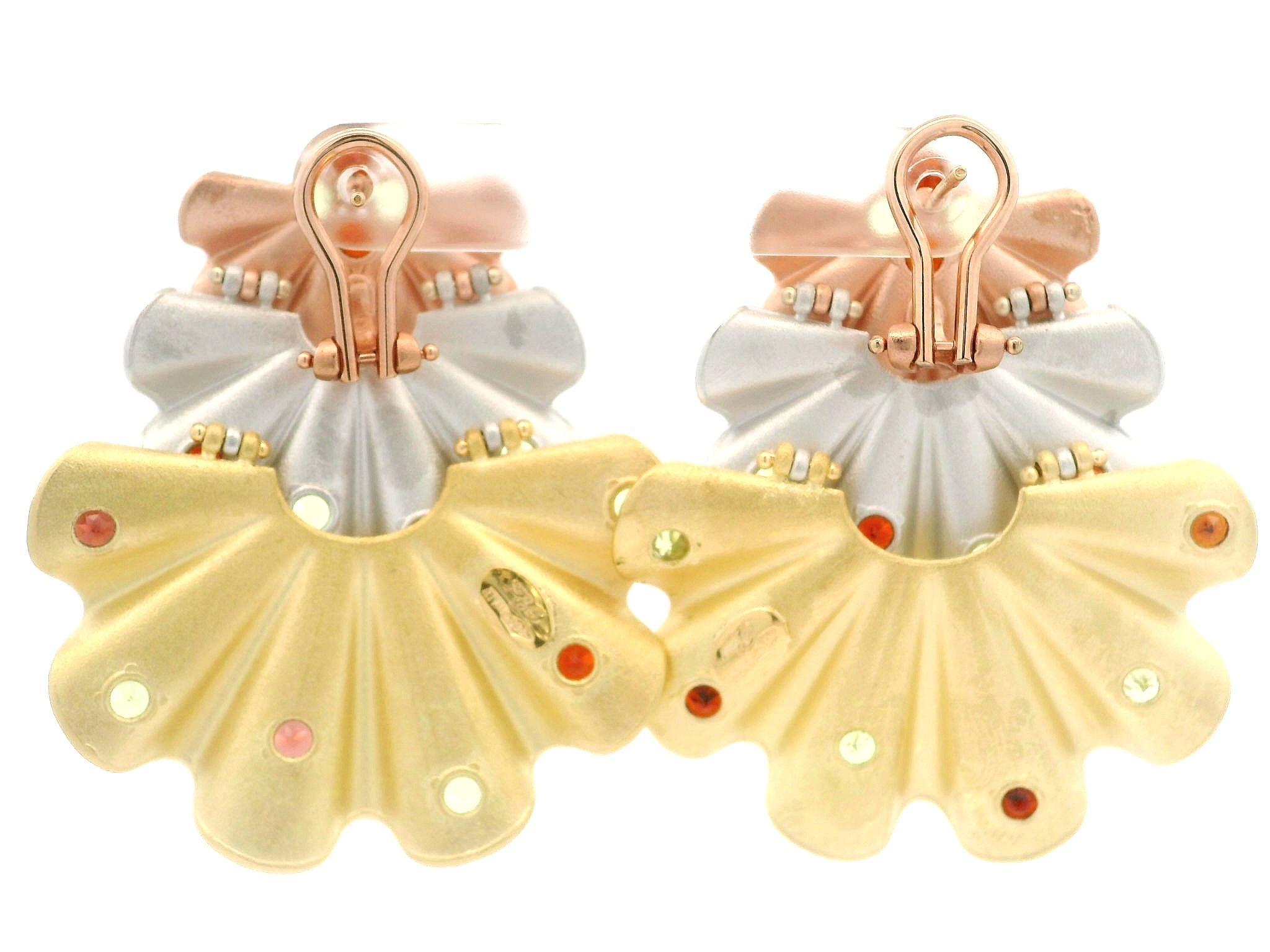 18k Tri Color Gold Red Green Natural Gemstones Textured Ruffled Flared Earrings For Sale 1