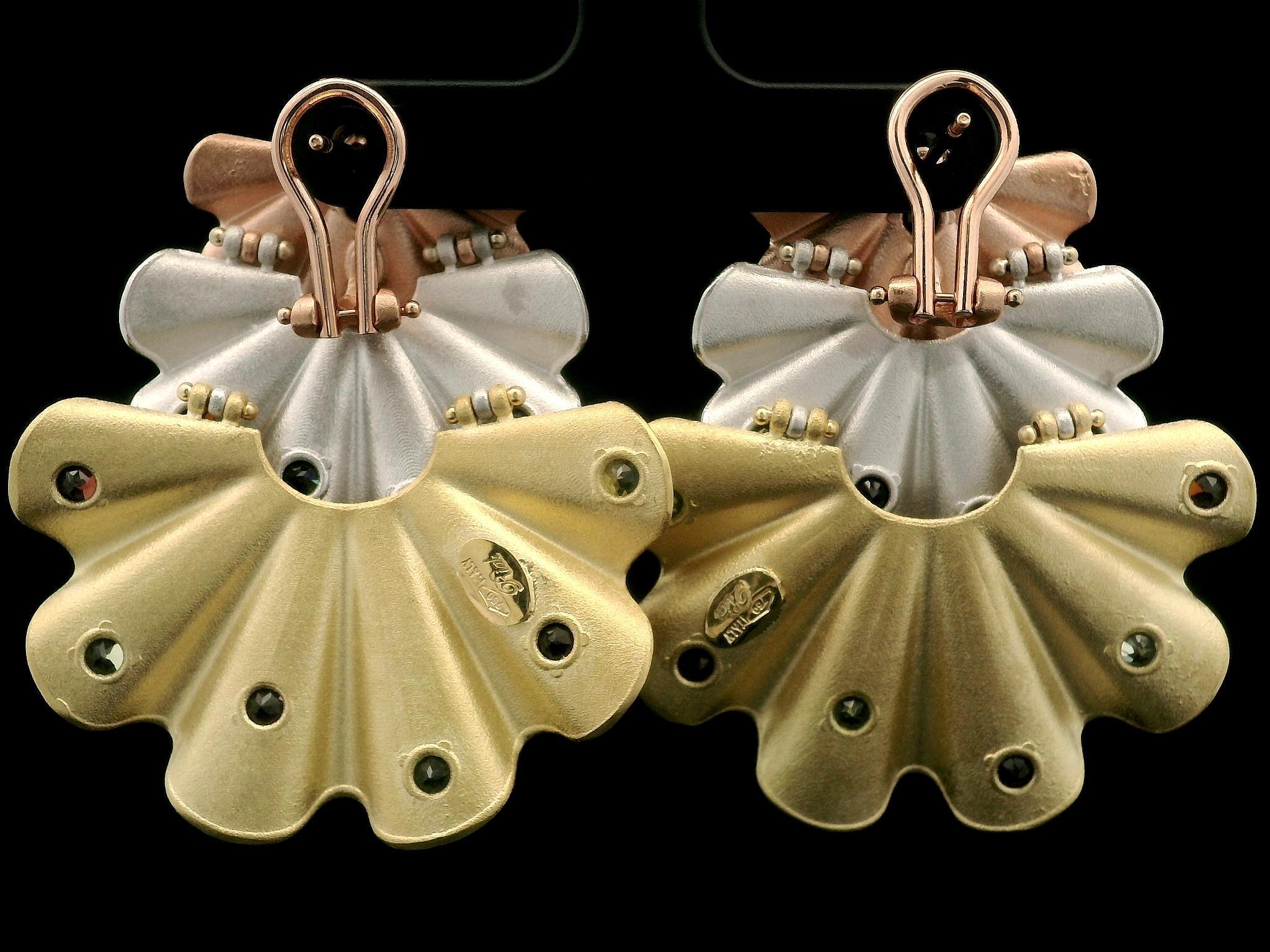 18k Tri Color Gold Red Green Natural Gemstones Textured Ruffled Flared Earrings For Sale 5