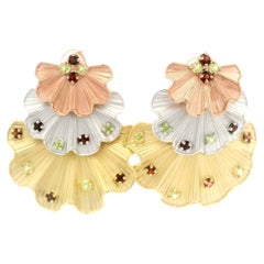 18k Tri Color Gold Red Green Natural Gemstones Textured Ruffled Flared Earrings