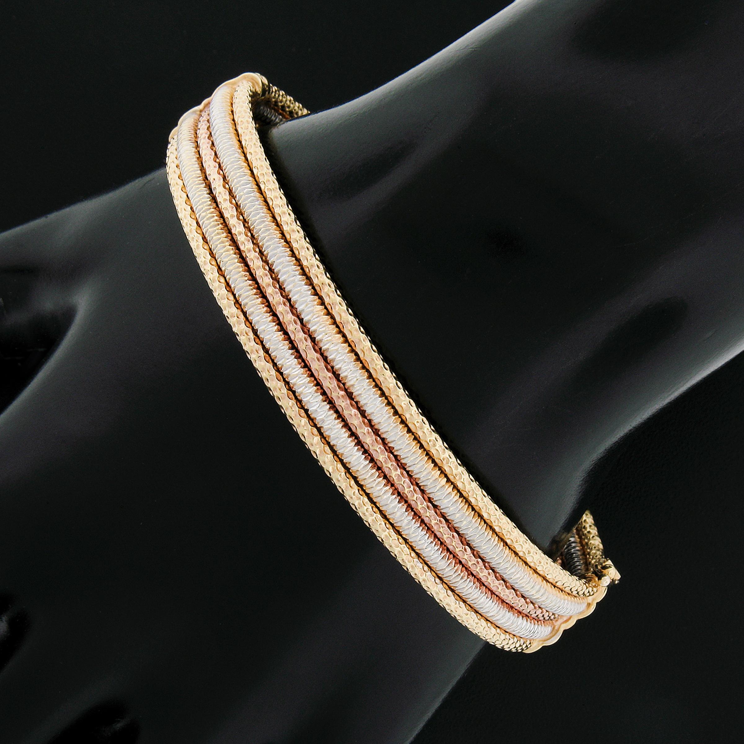 18K Tri Color Gold Textured 5 Row 11.3mm Wide Oval Open Hinged Bangle Bracelet For Sale 2