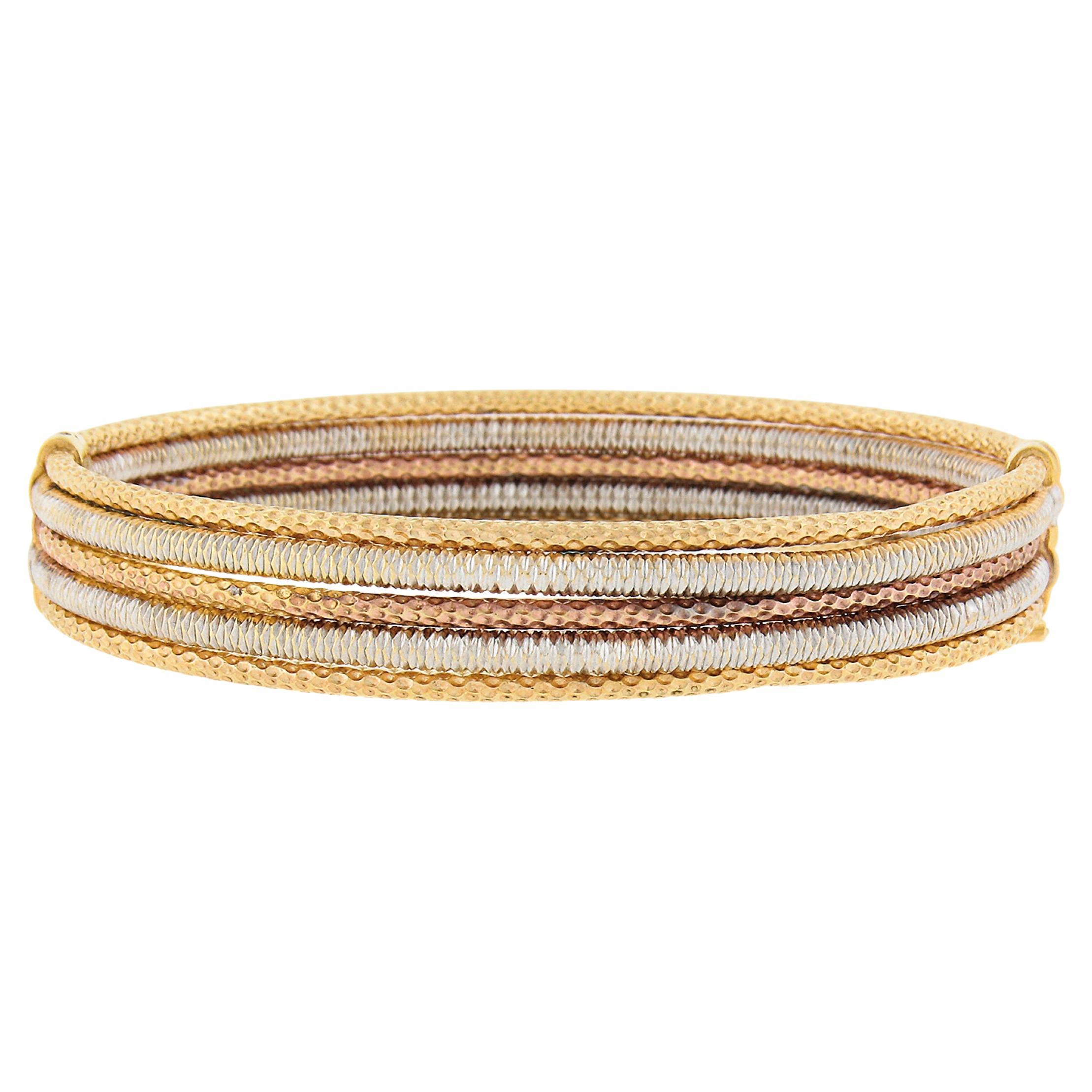 18K Tri Color Gold Textured 5 Row 11.3mm Wide Oval Open Hinged Bangle Bracelet For Sale