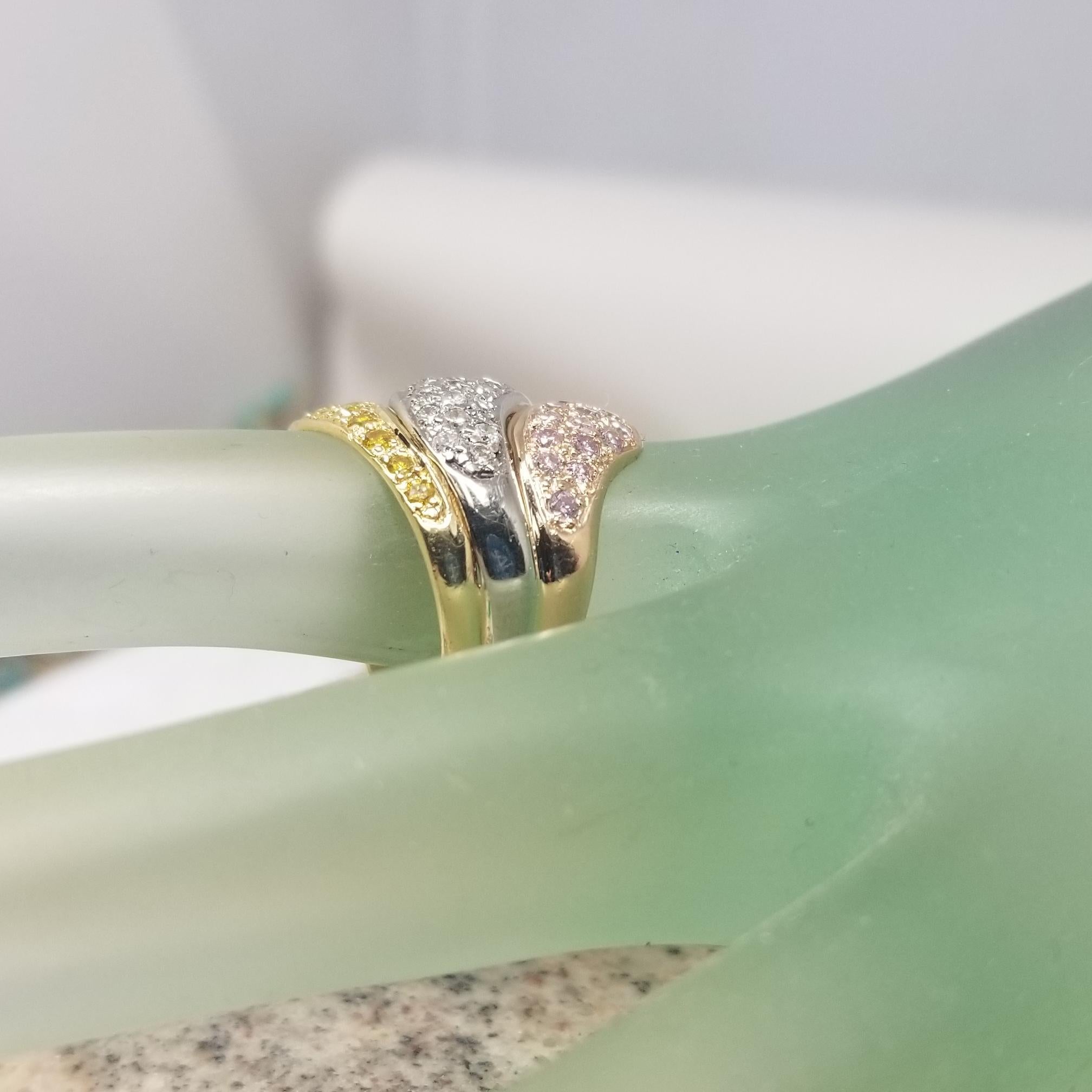 18k Tri-Color Gold with Natural Pink, Yellow and White Diamond Ring For Sale 1