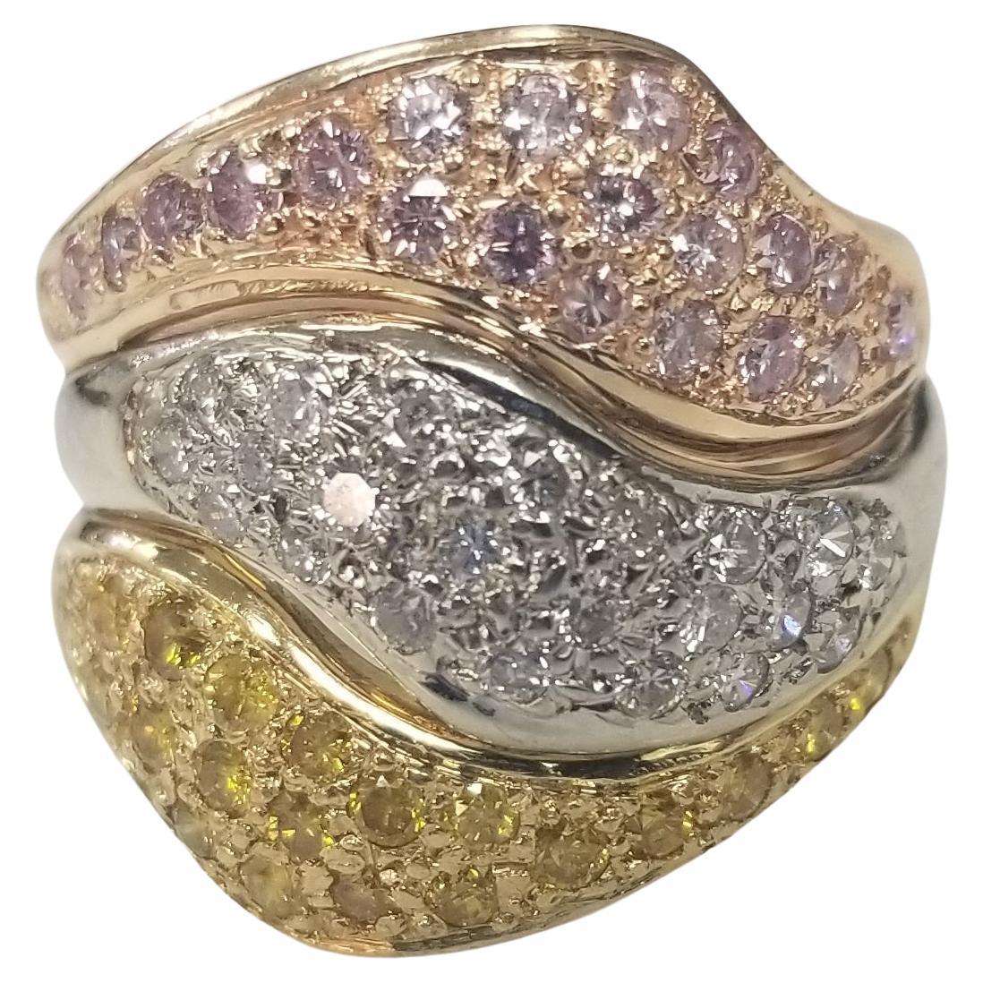 18k Tri-Color Gold with Natural Pink, Yellow and White Diamond Ring For Sale