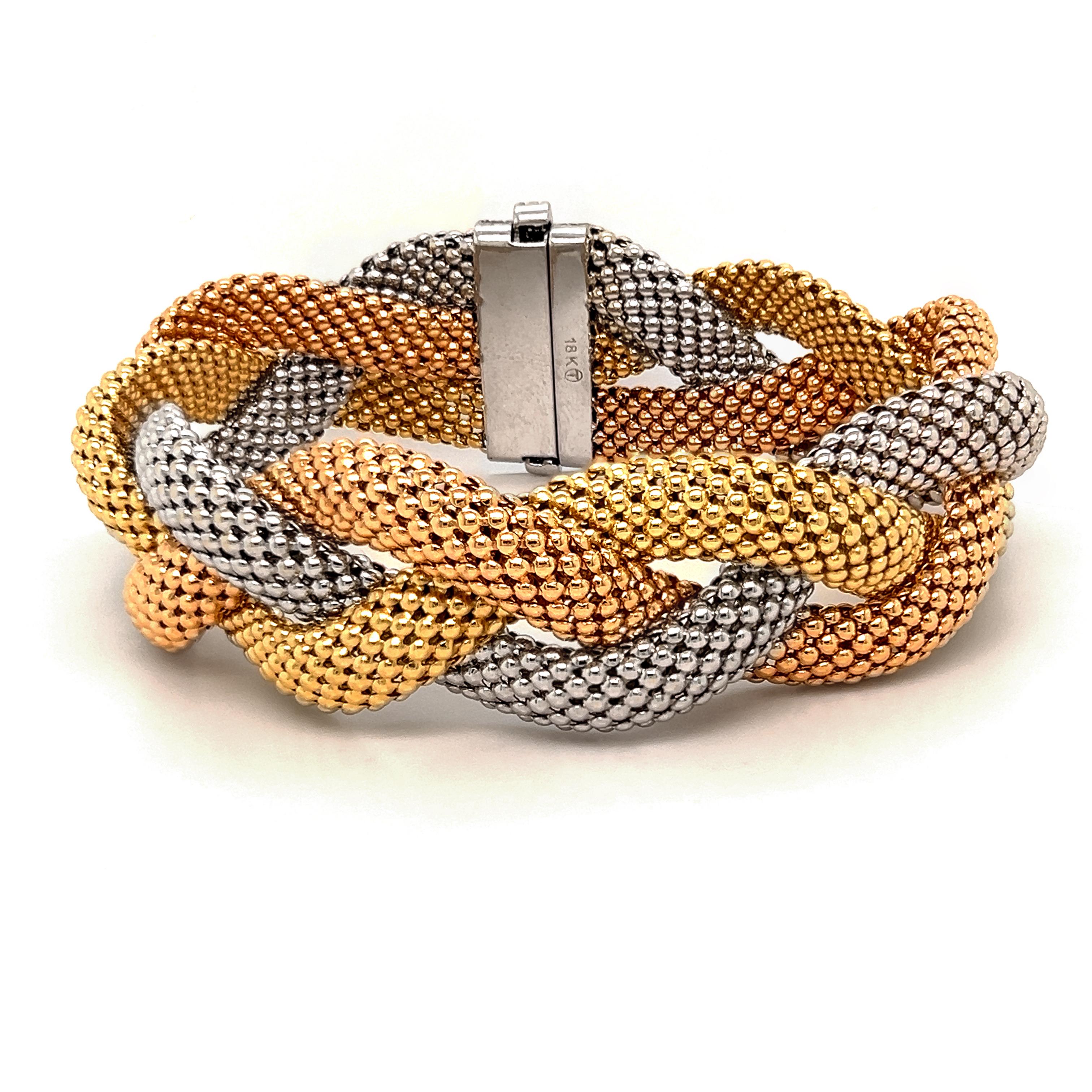 Modern 18K Tri-Color Yellow White Rose Gold and Diamond Twisted Bracelet For Sale