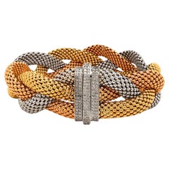 18K Tri-Color Yellow White Rose Gold and Diamond Twisted Bracelet