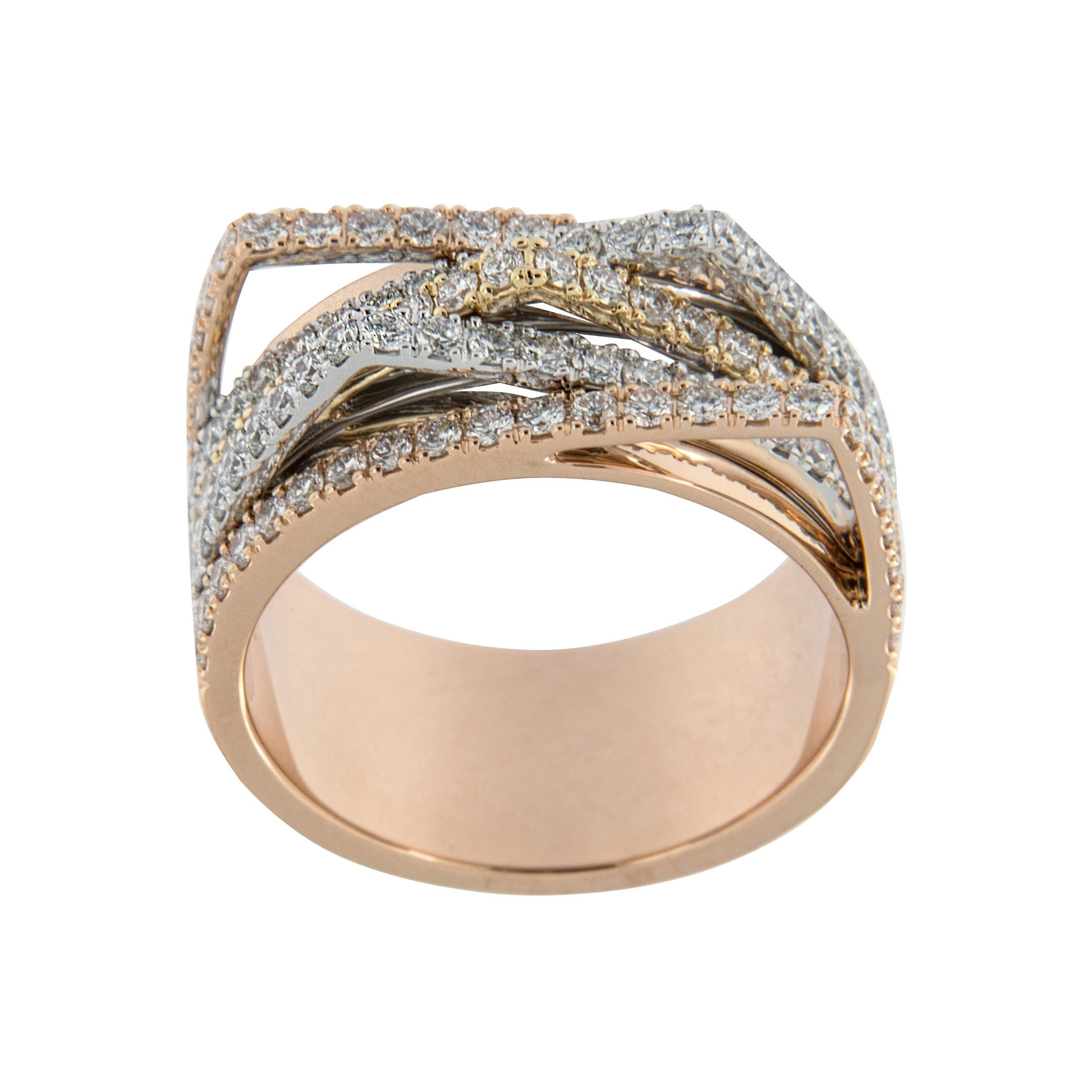 This fun geometric shaped 5 rowed diamond band looks great with anything you wear! Classic diamonds with a flair in yellow, white & rose gold! This gently multi peaked ring has 114 round brilliant cut diamonds = 1.34 Cttw. F-G VVS-VS 
 6 3/4 ring