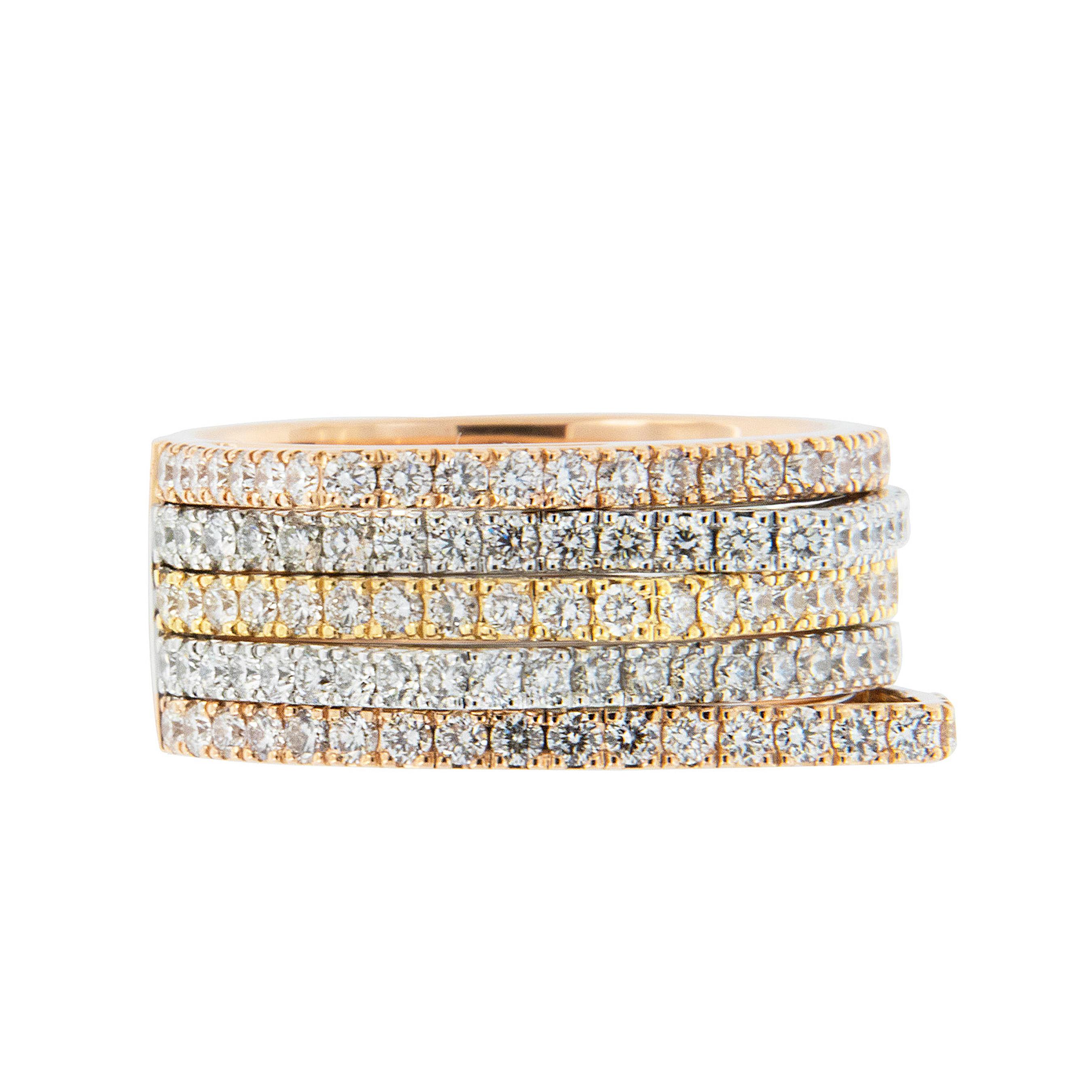 Contemporary 18 Karat Tri Colored Gold Multi Rowed Gold and Diamond Ring
