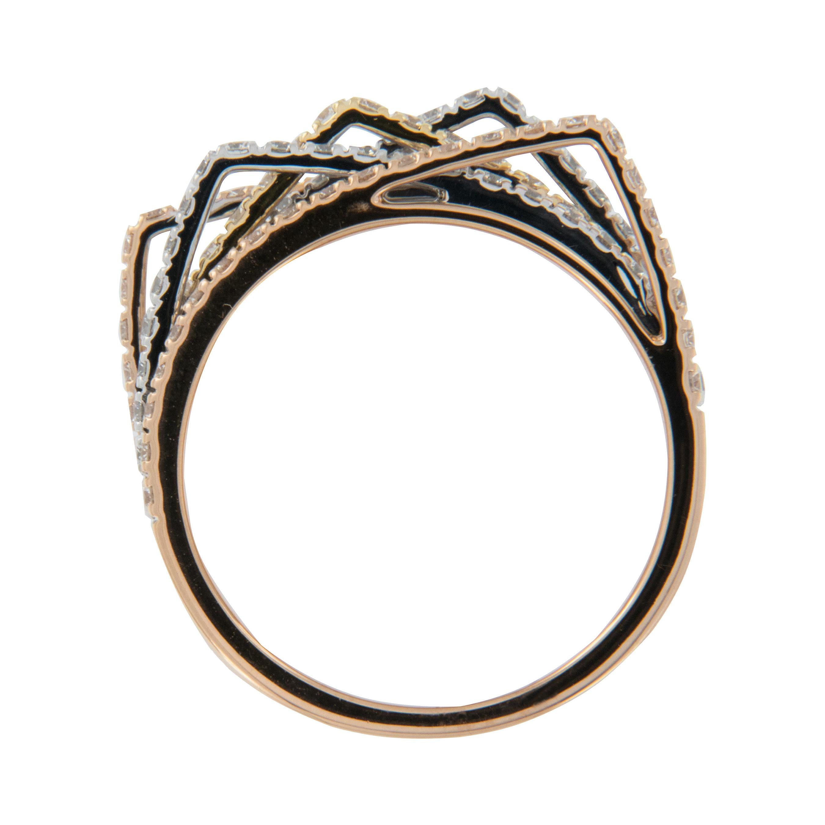 Round Cut 18 Karat Tri Colored Gold Multi Rowed Gold and Diamond Ring