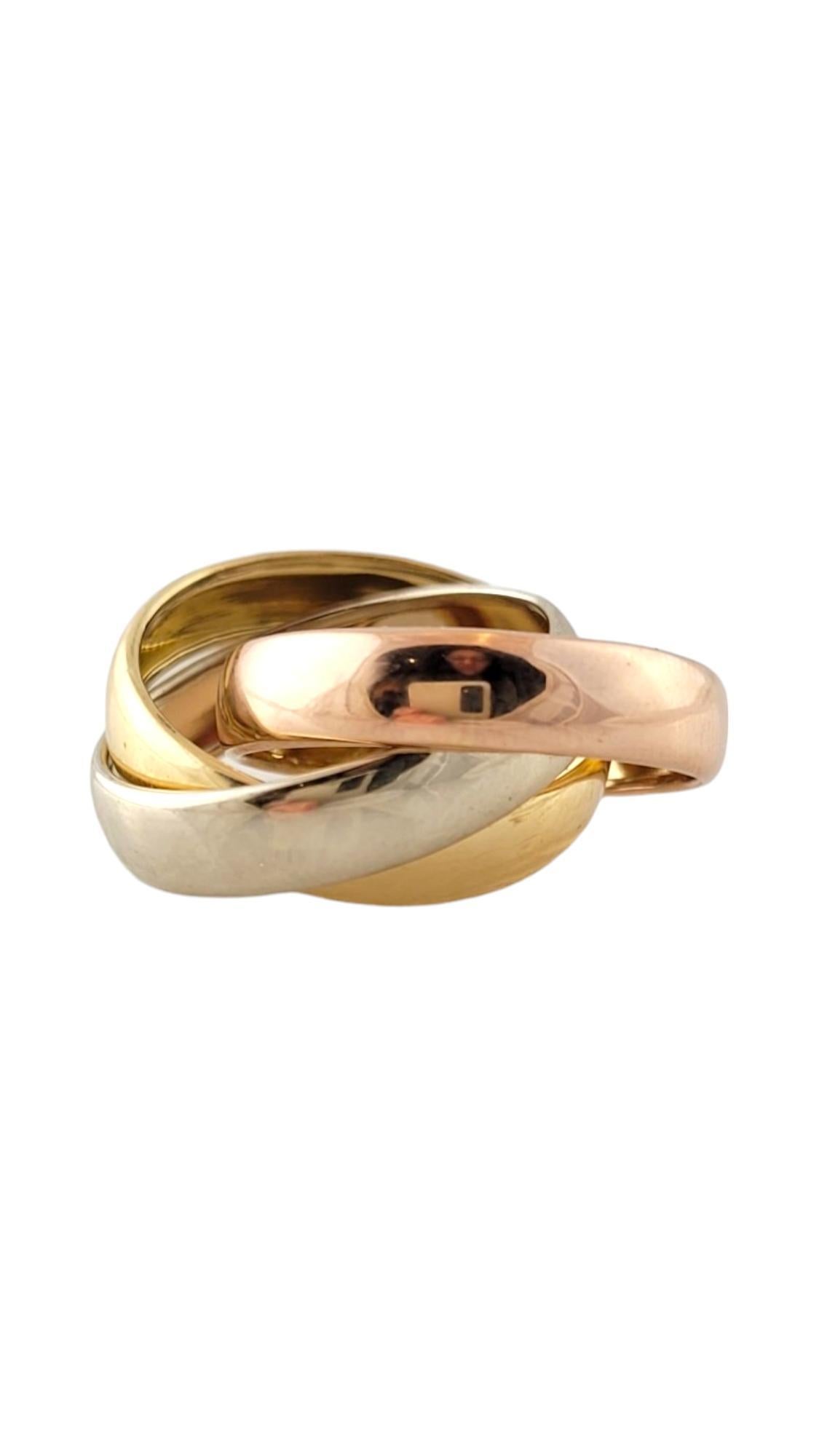18K Tri Colored Rolling 3 Band Ring Size 8

This beautiful rolling 3 band ring is crafted from 18K yellow, rose, and white gold for a gorgeous finish!

Ring size: 8
Shank: 4.9mm (each band)

Weight: 3.83 dwt/ 5.95 g

Hallmark: 18Kt ITALY

Very good