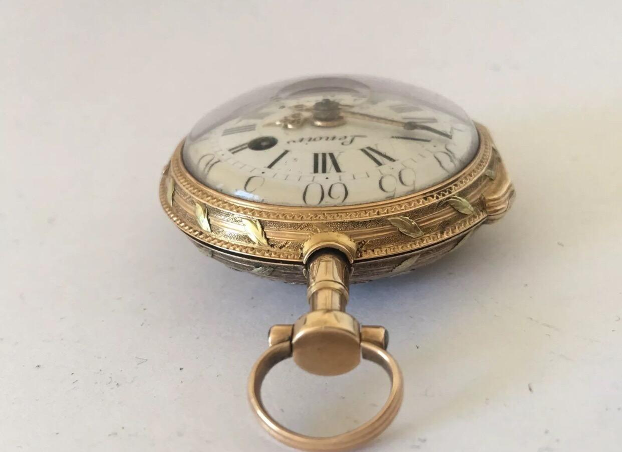18k Tri-Colour Gold Rare and Earlyverge Fusee Pocket Watch Signed Lenoir a Paris For Sale 3