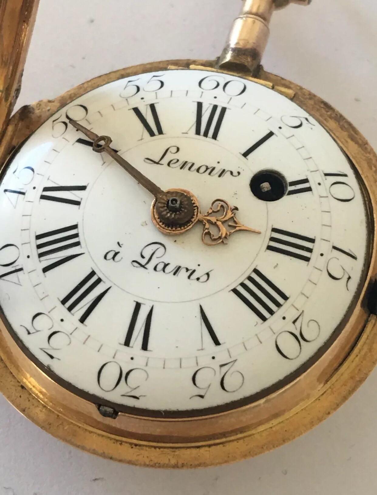 18k Tri-Colour Gold Rare and Earlyverge Fusee Pocket Watch Signed Lenoir a Paris In Good Condition For Sale In Carlisle, GB