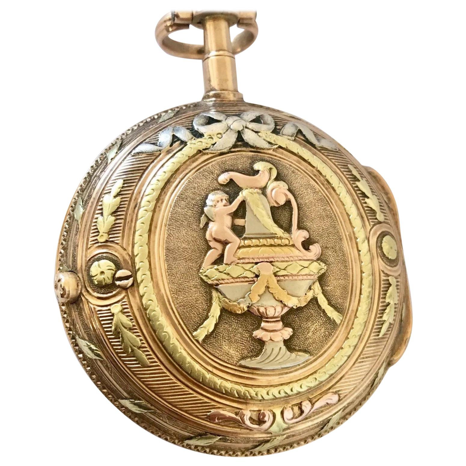 18k Tri-Colour Gold Rare and Earlyverge Fusee Pocket Watch Signed Lenoir a Paris For Sale