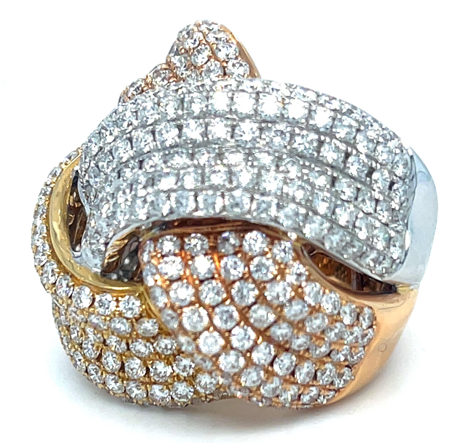 Modern 18k Tri-Gold Afarin Knot Statement Ring 6.40 ct Diamonds Size 6.25 For Sale