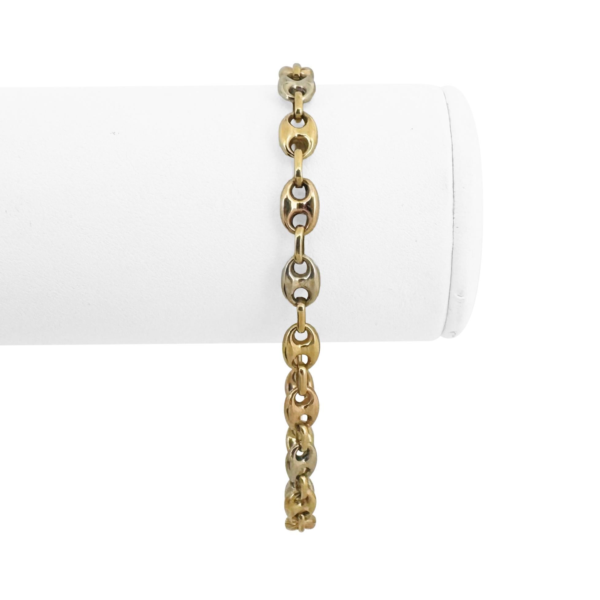 18k Tri Tone Gold 7.2g Ladies Puffy Mariner Link Bracelet Italy 7.5