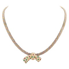 18k Tri-Tone Necklace with Bow of Diamonds, Rubies, and Emeralds