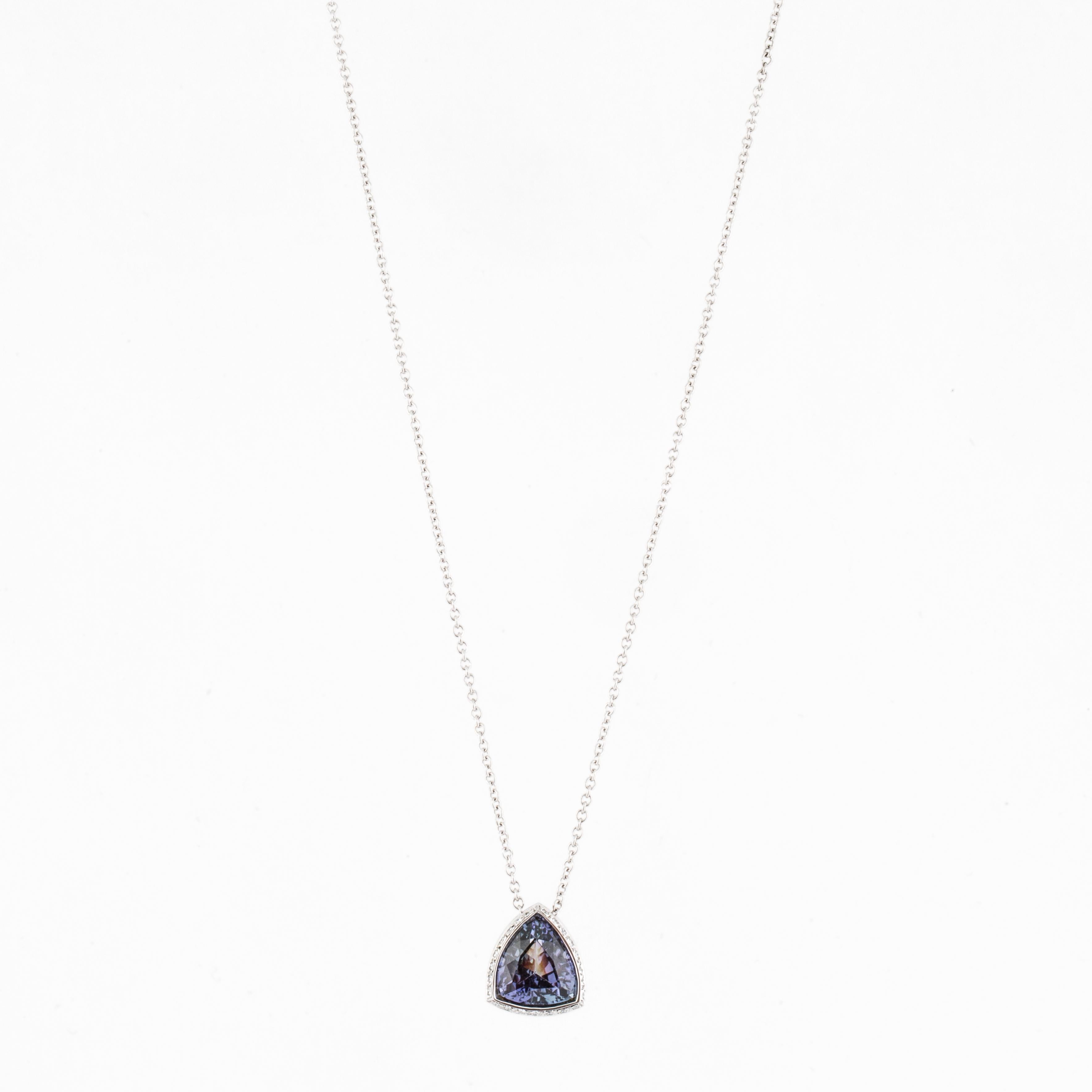 Mixed Cut Triangular Tanzanite and Diamond Pendant Necklace in White Gold For Sale