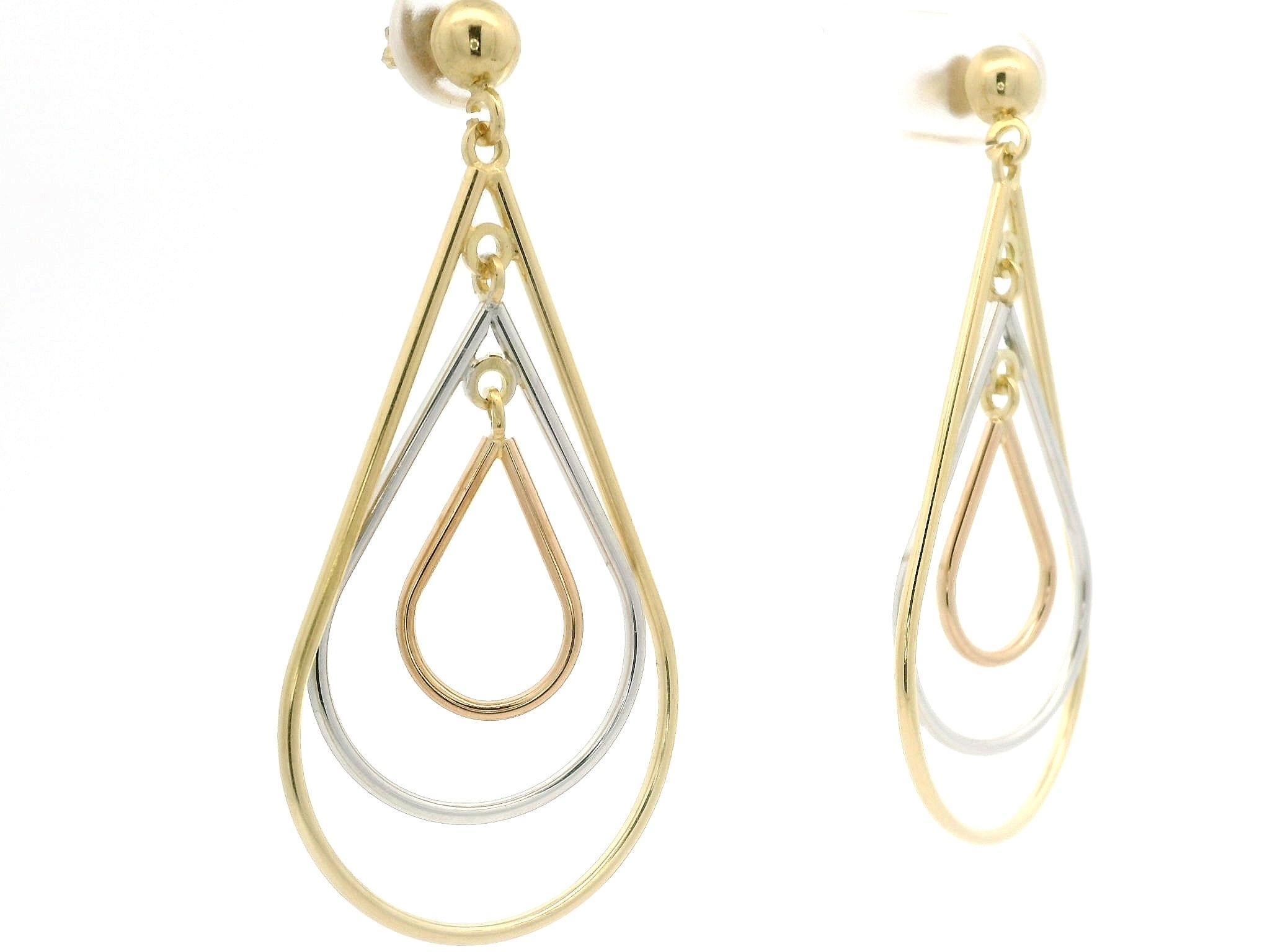 18k Tricolor Gold Long Tear Drop Swinging Concentric Dangle Earrings In Excellent Condition For Sale In Montclair, NJ