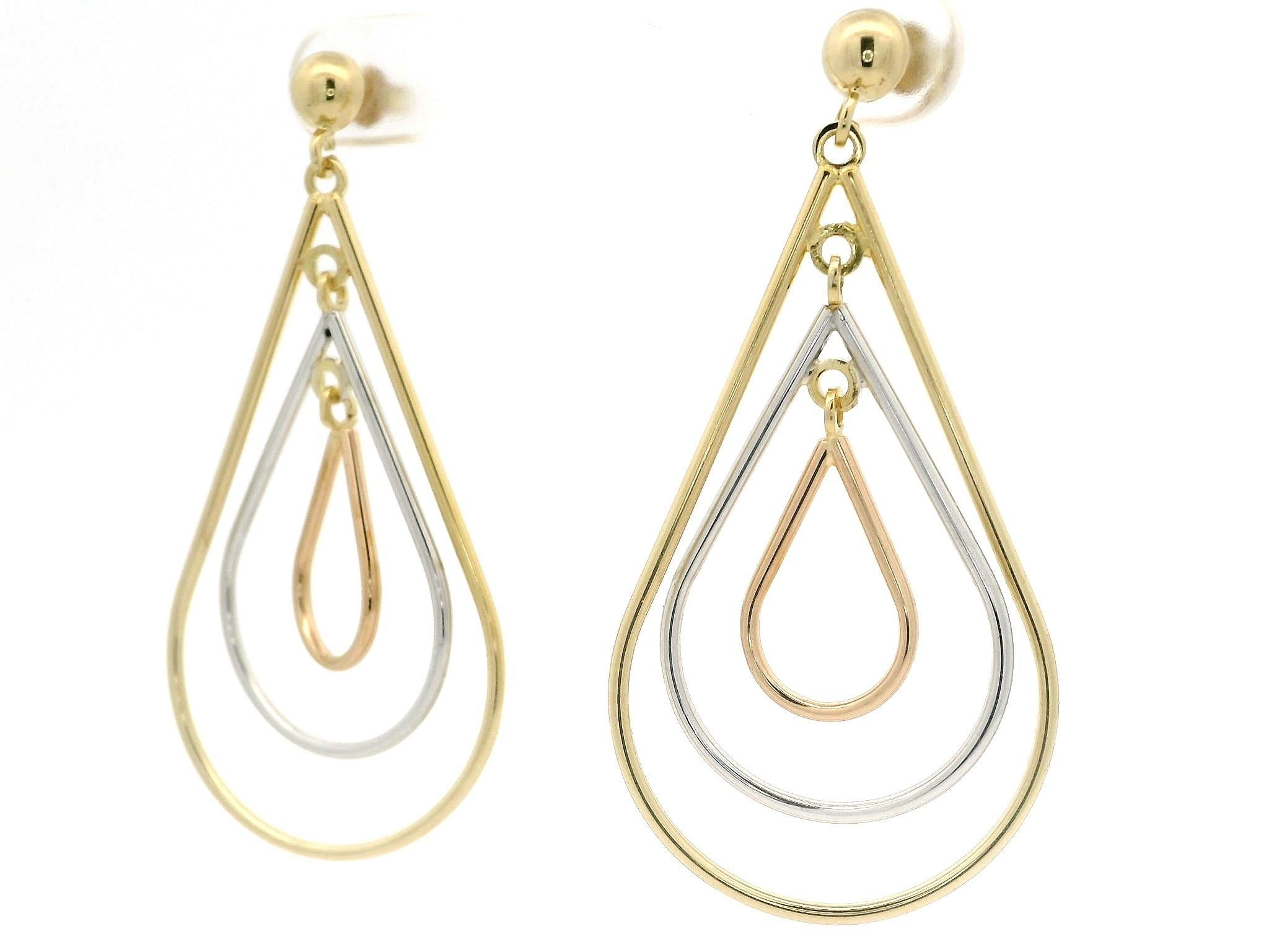 Women's 18k Tricolor Gold Long Tear Drop Swinging Concentric Dangle Earrings For Sale