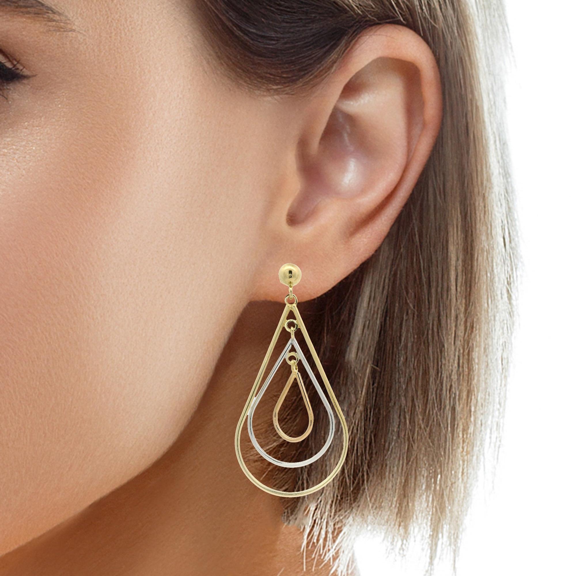 18k Tricolor Gold Long Tear Drop Swinging Concentric Dangle Earrings For Sale 2