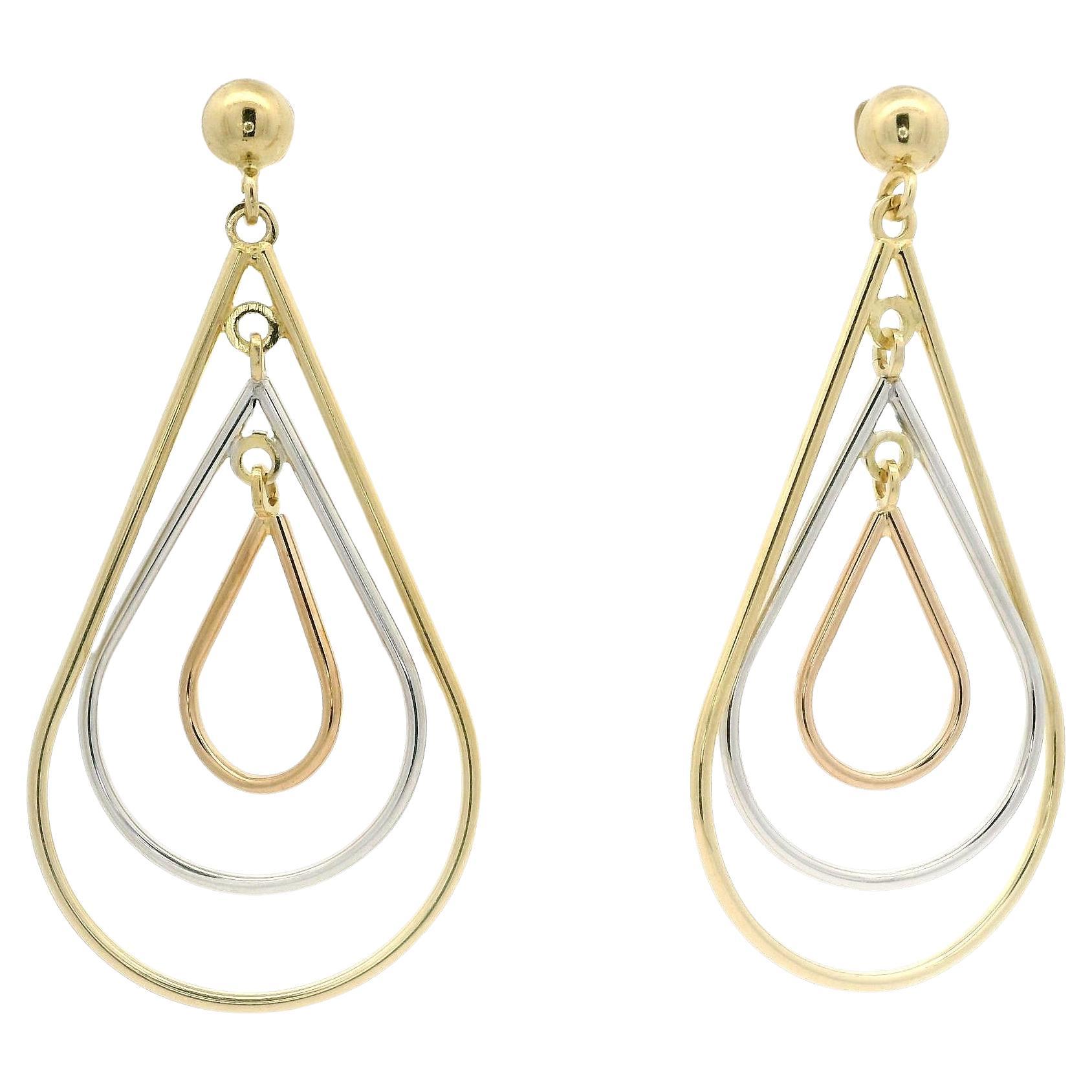 18k Tricolor Gold Long Tear Drop Swinging Concentric Dangle Earrings For Sale