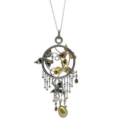 18K Tricolor Gold Weiß- und Braun-Diamant und Multi-Saphir-Anhänger-Halskette