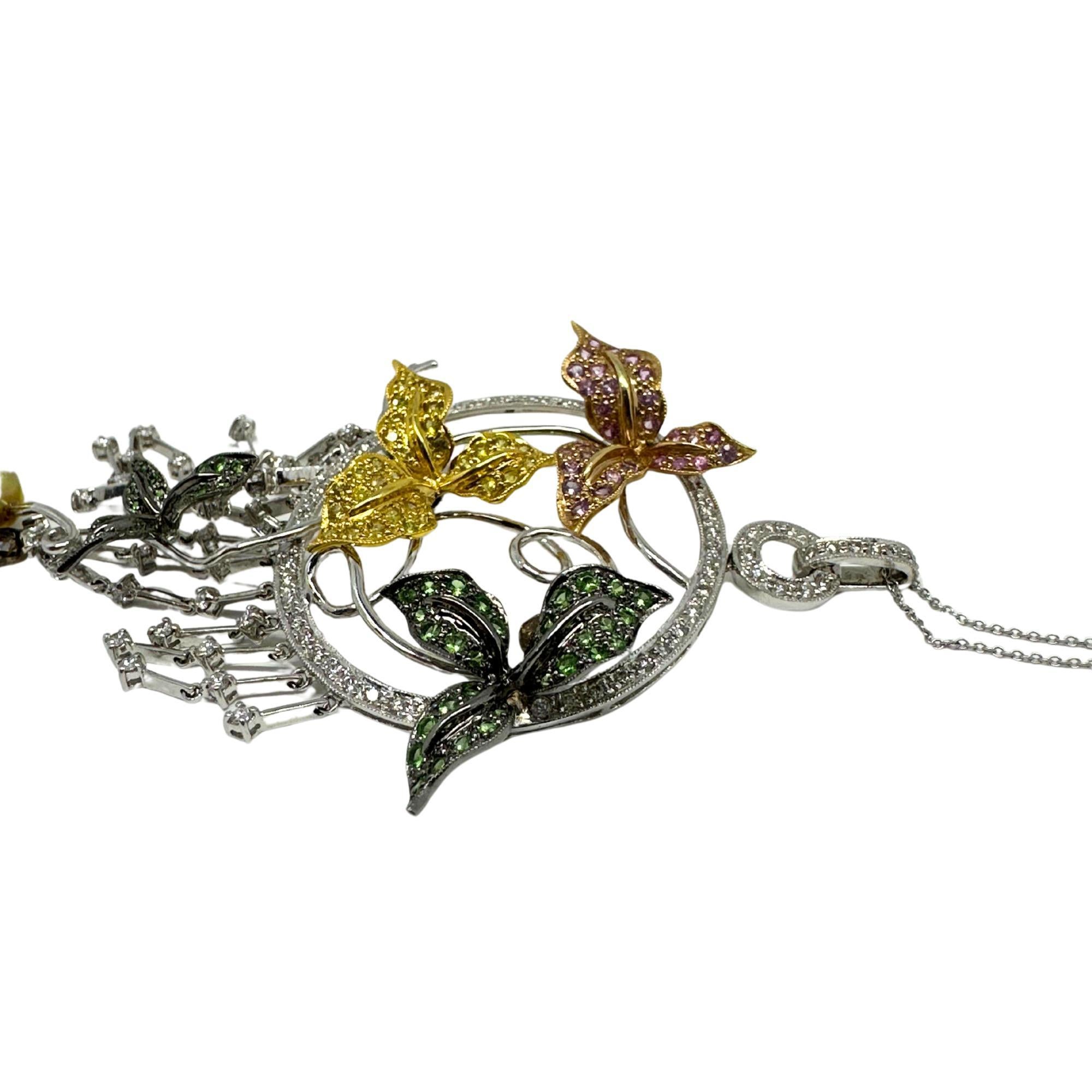 Collier en or tricolore 18K à pendentifs en diamants blancs et bruns et saphirs multiples en vente 1