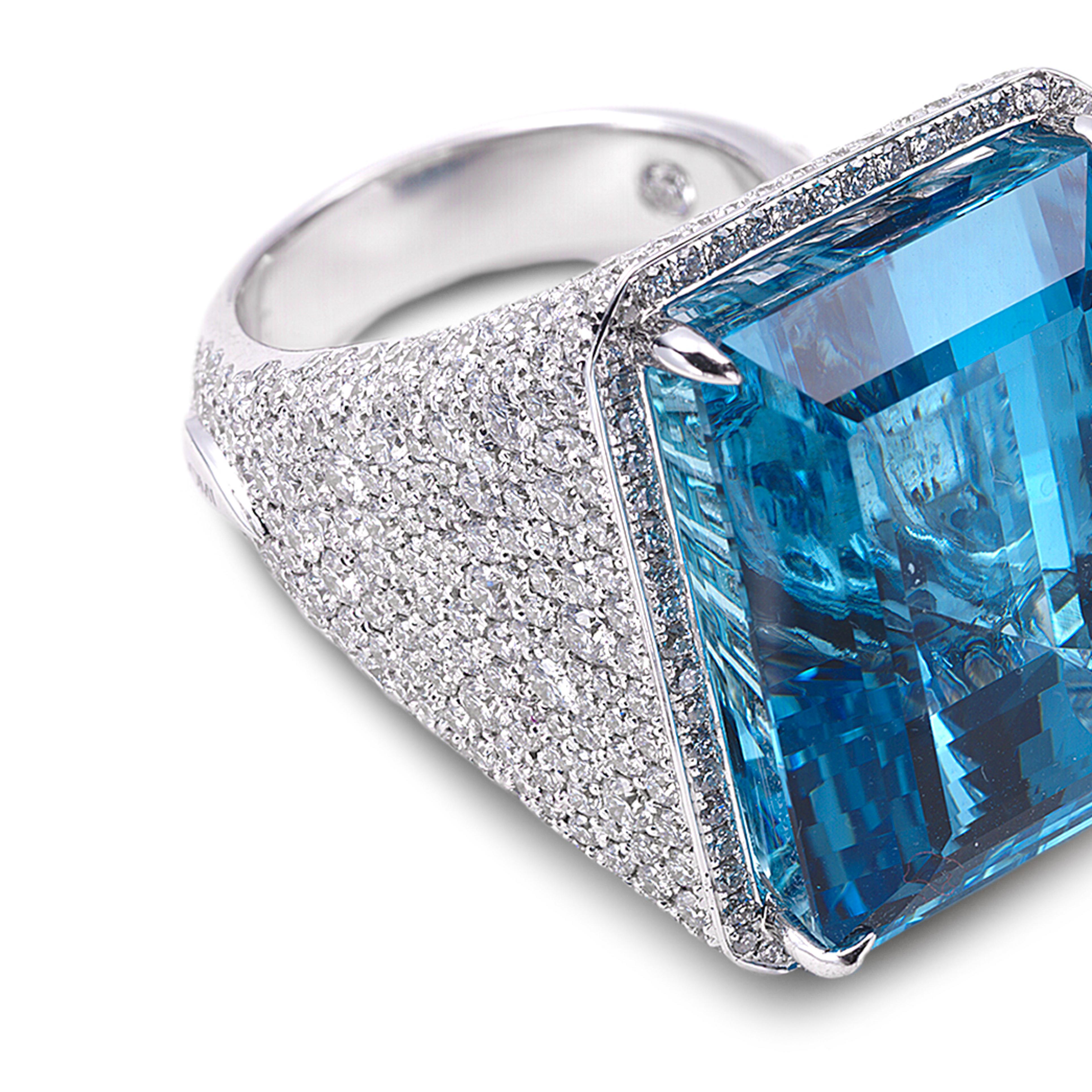 Trinity Ring Size 7 with 45.99CTS of Aquamarine, and 5.52CTS of Diamond. Set in 18K White Gold. 