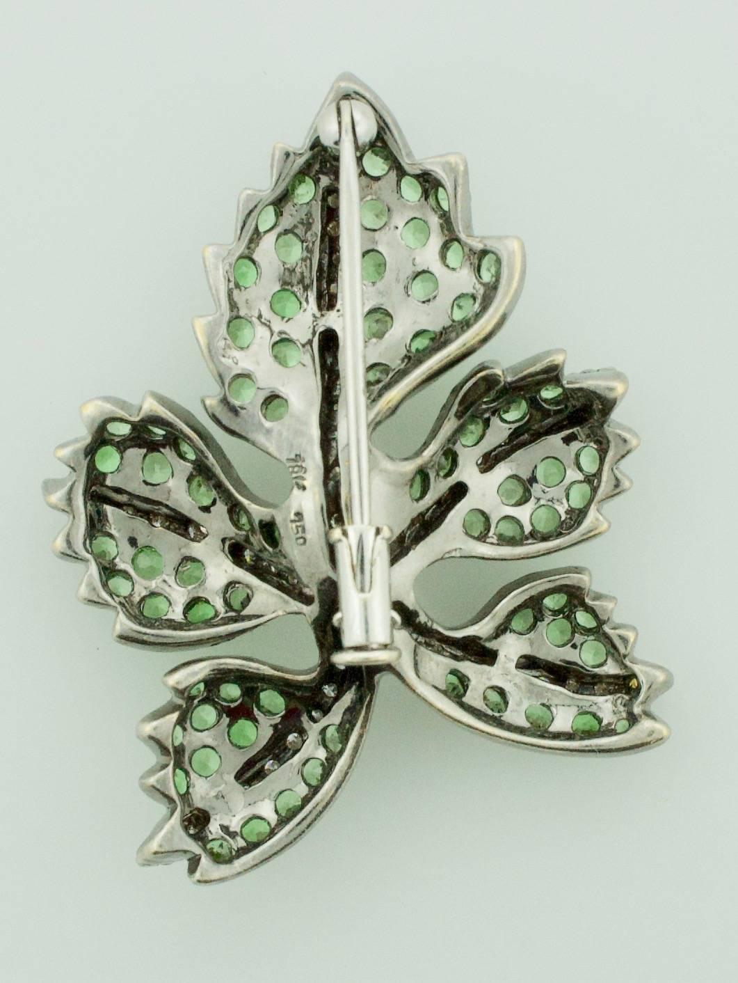 Women's or Men's 18 Karat Tsavorite Garnet and Diamond Leaf Brooch For Sale
