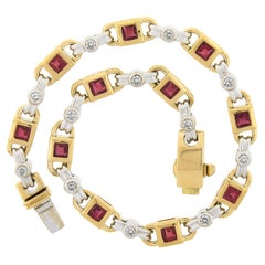 18k TT Gold 1.76ctw Alternating Square Ruby & Round Diamond Chain Link Bracelet