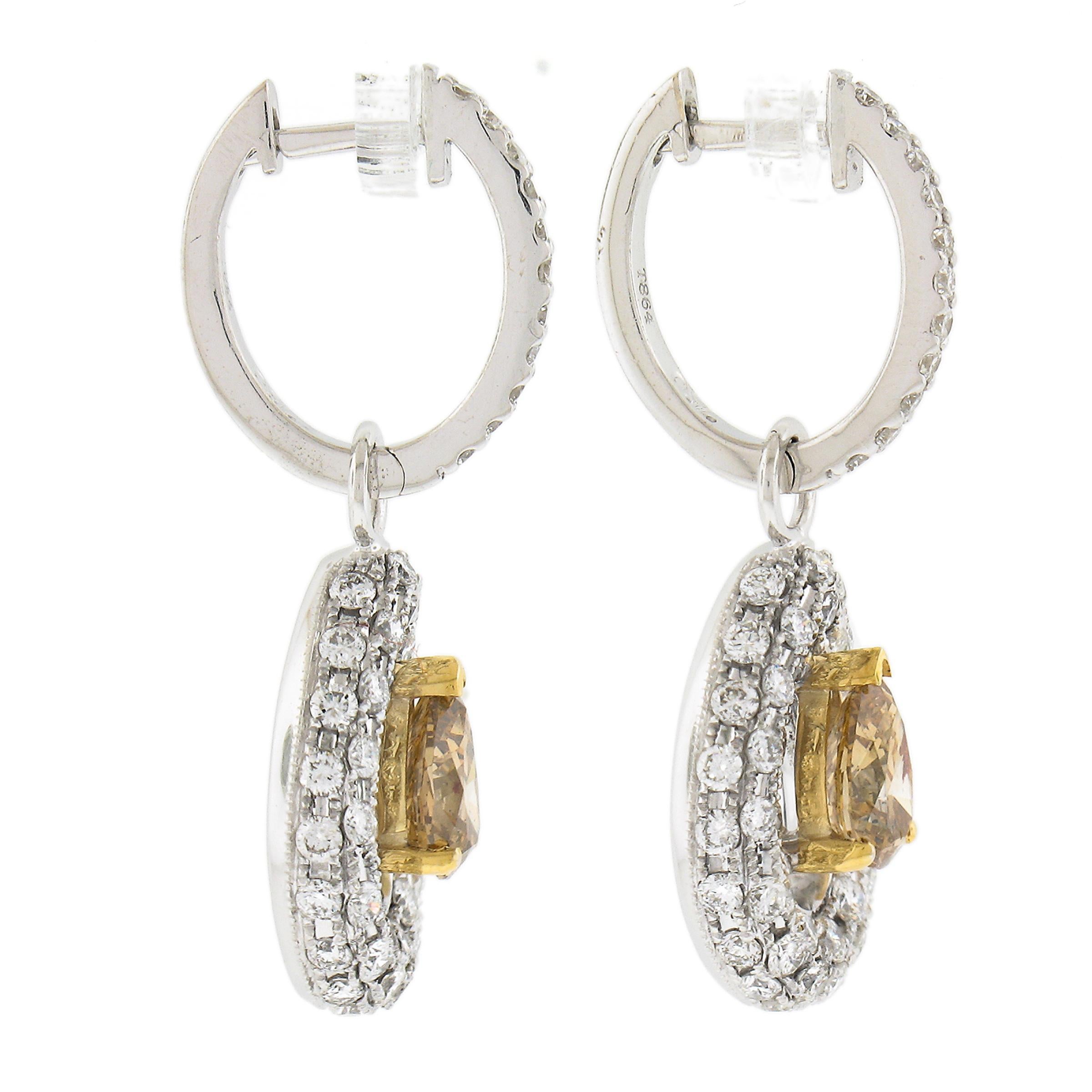 18k TT Gold 2.58ctw Pear Cognac & White Diamond Drop Dangle or Hoop Earrings In Excellent Condition For Sale In Montclair, NJ