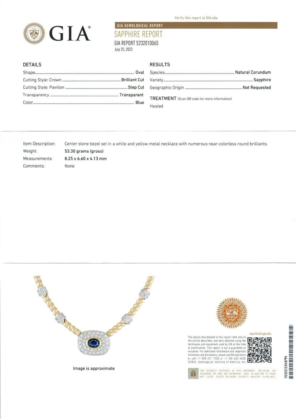 18K TT Gold 3.30ctw GIA Bezel Oval Sapphire & Pave Diamond Cable Link Necklace For Sale 5
