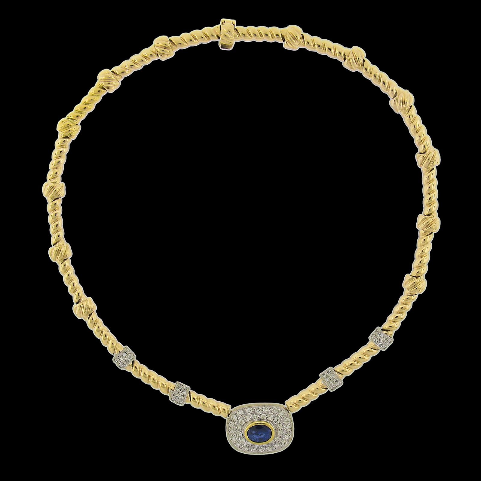 Oval Cut 18K TT Gold 3.30ctw GIA Bezel Oval Sapphire & Pave Diamond Cable Link Necklace For Sale