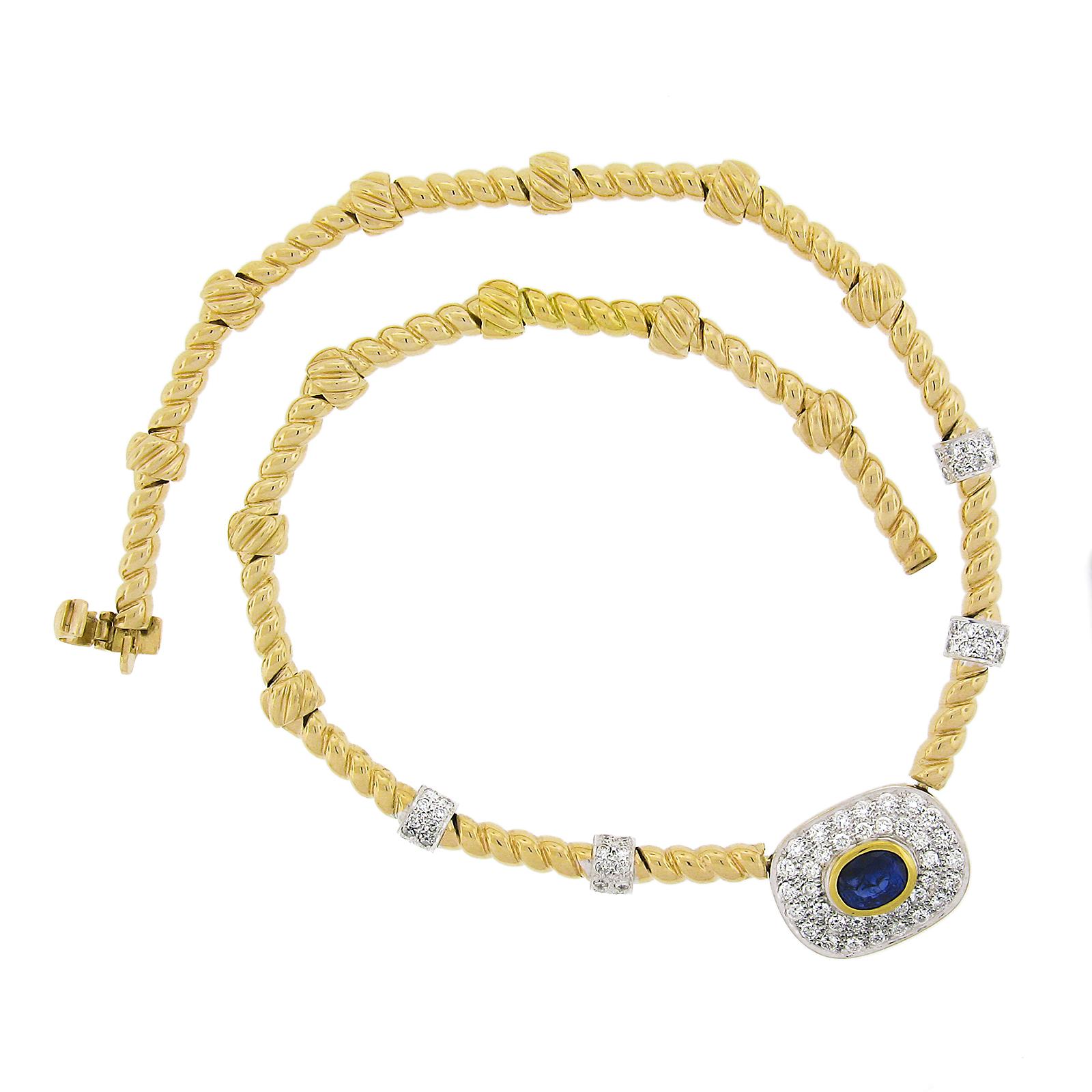 18K TT Gold 3.30ctw GIA Bezel Oval Sapphire & Pave Diamond Cable Link Necklace In Excellent Condition For Sale In Montclair, NJ