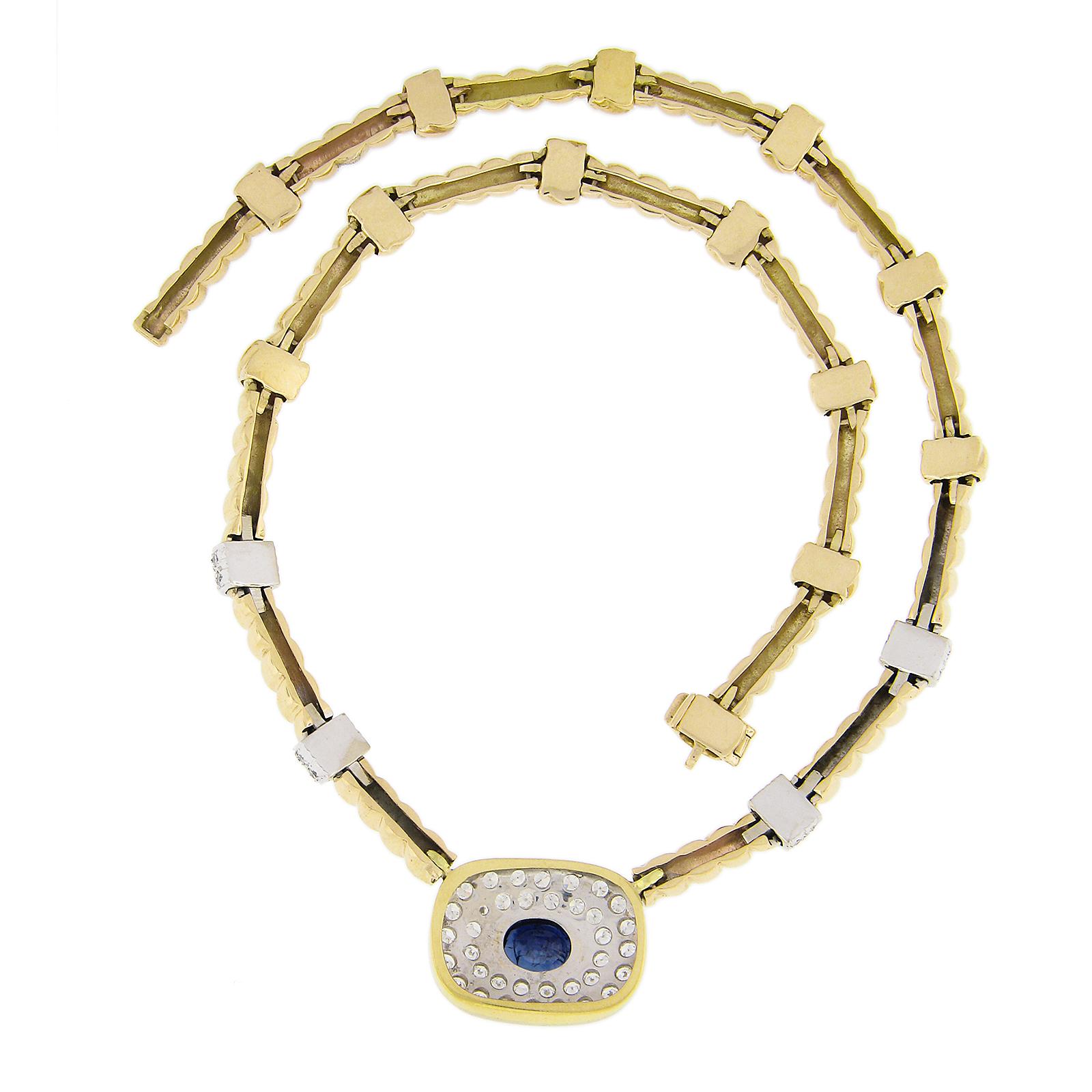 Women's 18K TT Gold 3.30ctw GIA Bezel Oval Sapphire & Pave Diamond Cable Link Necklace For Sale