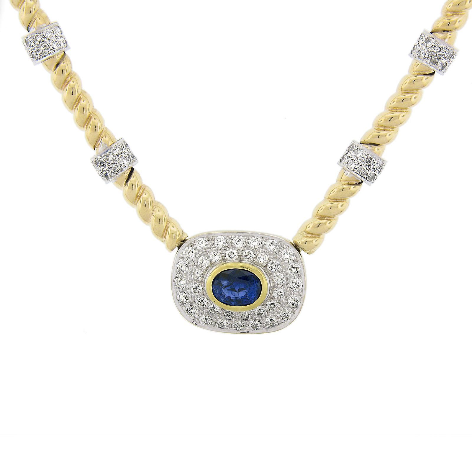 18K TT Gold 3.30ctw GIA Bezel Oval Sapphire & Pave Diamond Cable Link Necklace For Sale 1