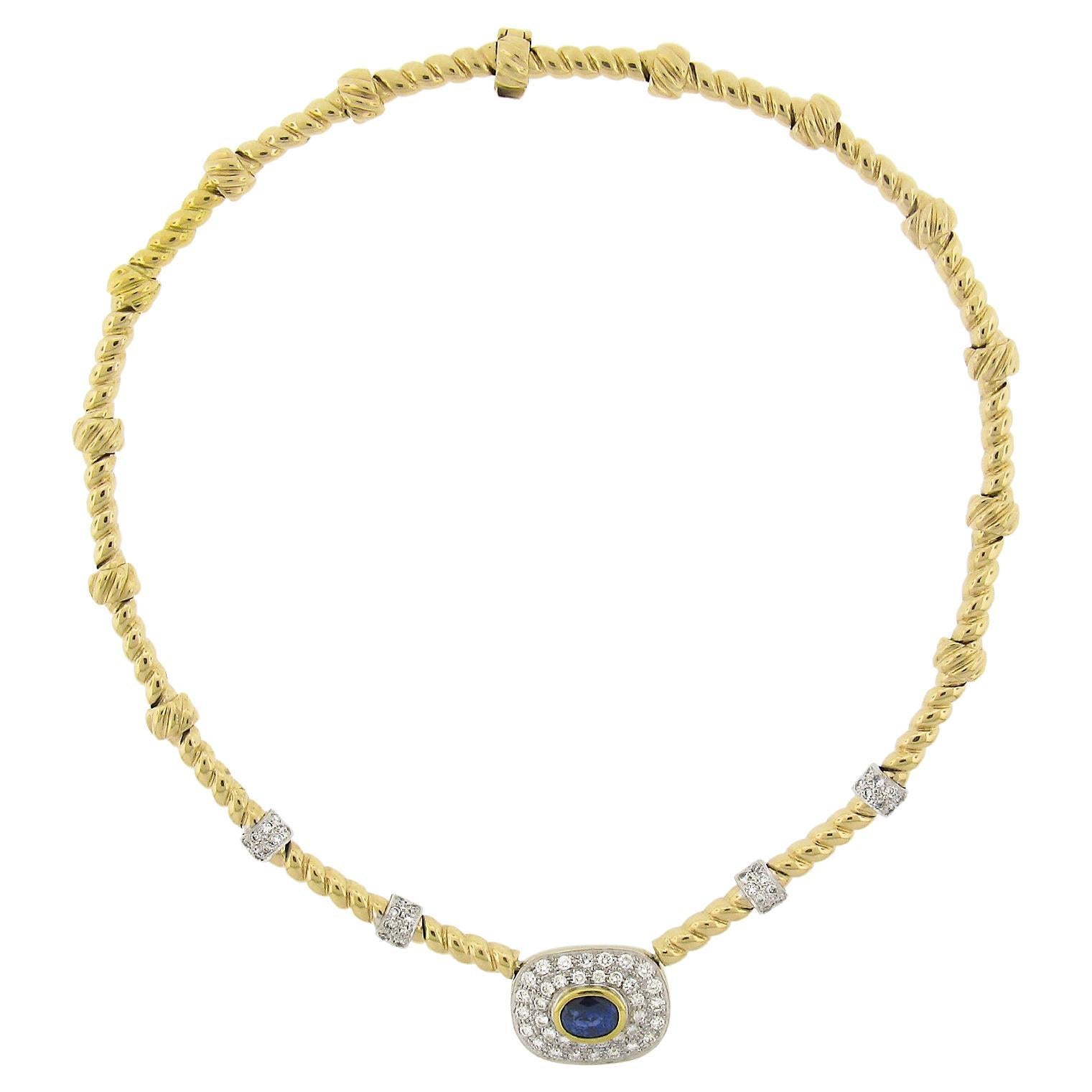 18K TT Gold 3.30ctw GIA Bezel Oval Sapphire & Pave Diamond Cable Link Necklace For Sale