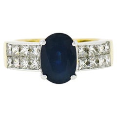18k TT Gold 3.30ctw Large Oval Sapphire Solitaire & Princess Cut Diamond Ring