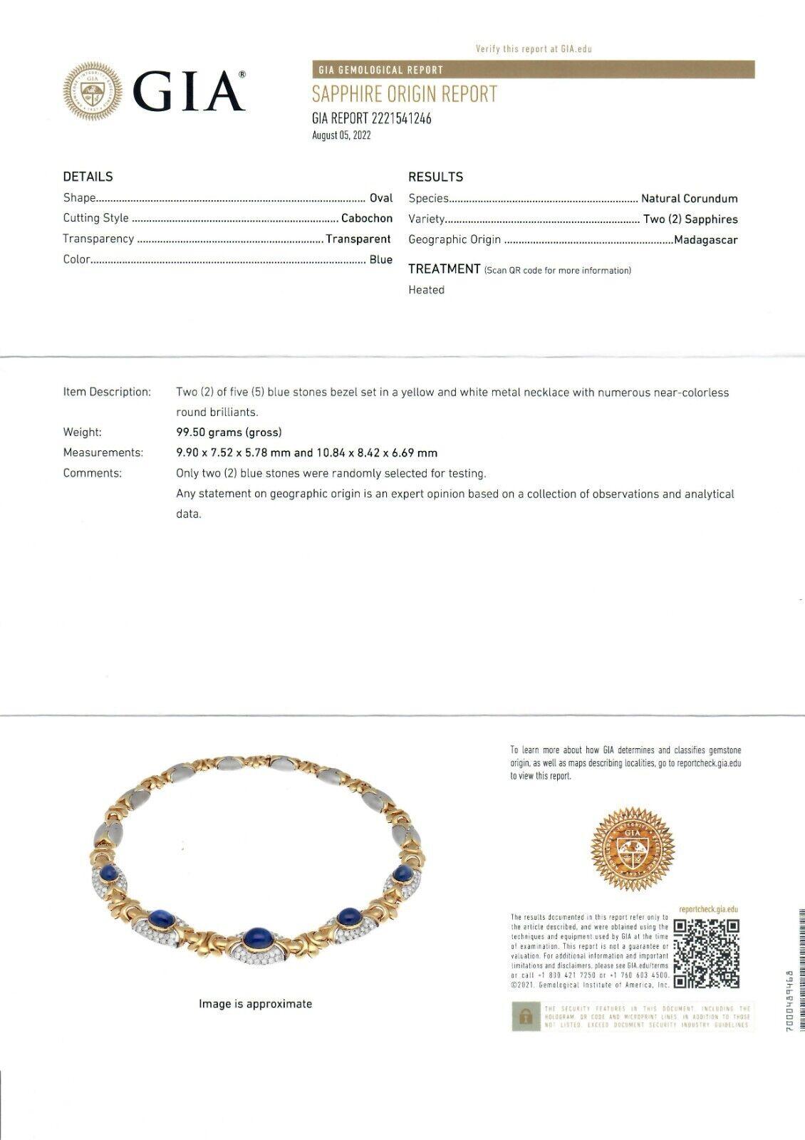 18K TT Gold 38ctw GIA Bezel Cabochon Sapphire & Pave Diamond Fancy Link Necklace For Sale 5